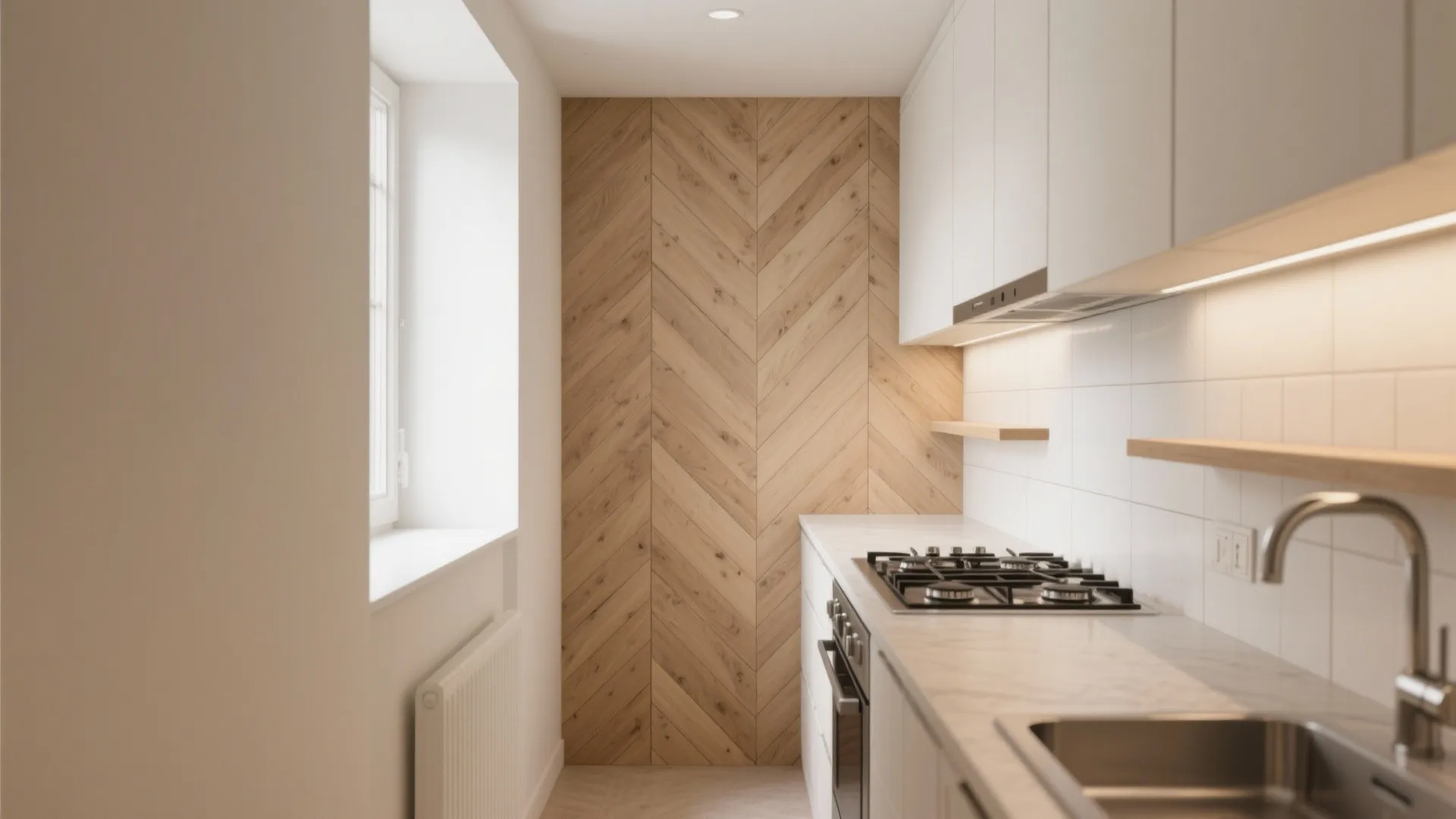 Minimalist wood-look wall tiles in calm, continuous lines