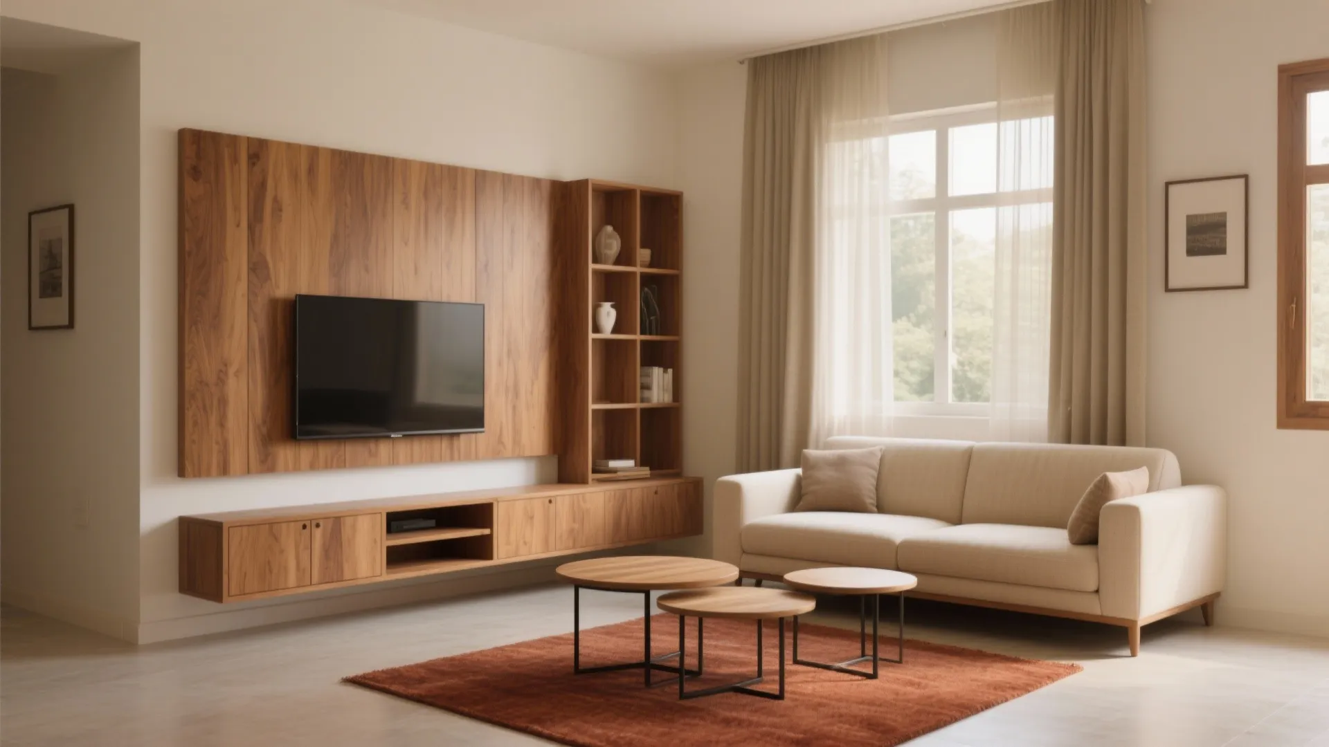 Minimalist living with warm wood accents