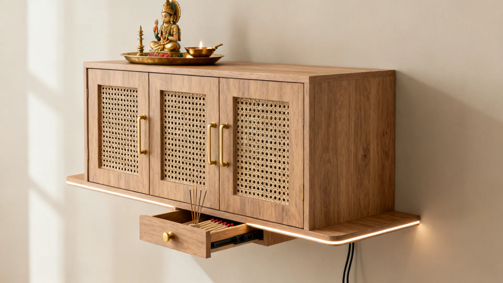 Minimal wall-hung wooden mandir with jali doors, brass accents, and concealed storage in a small apartment.