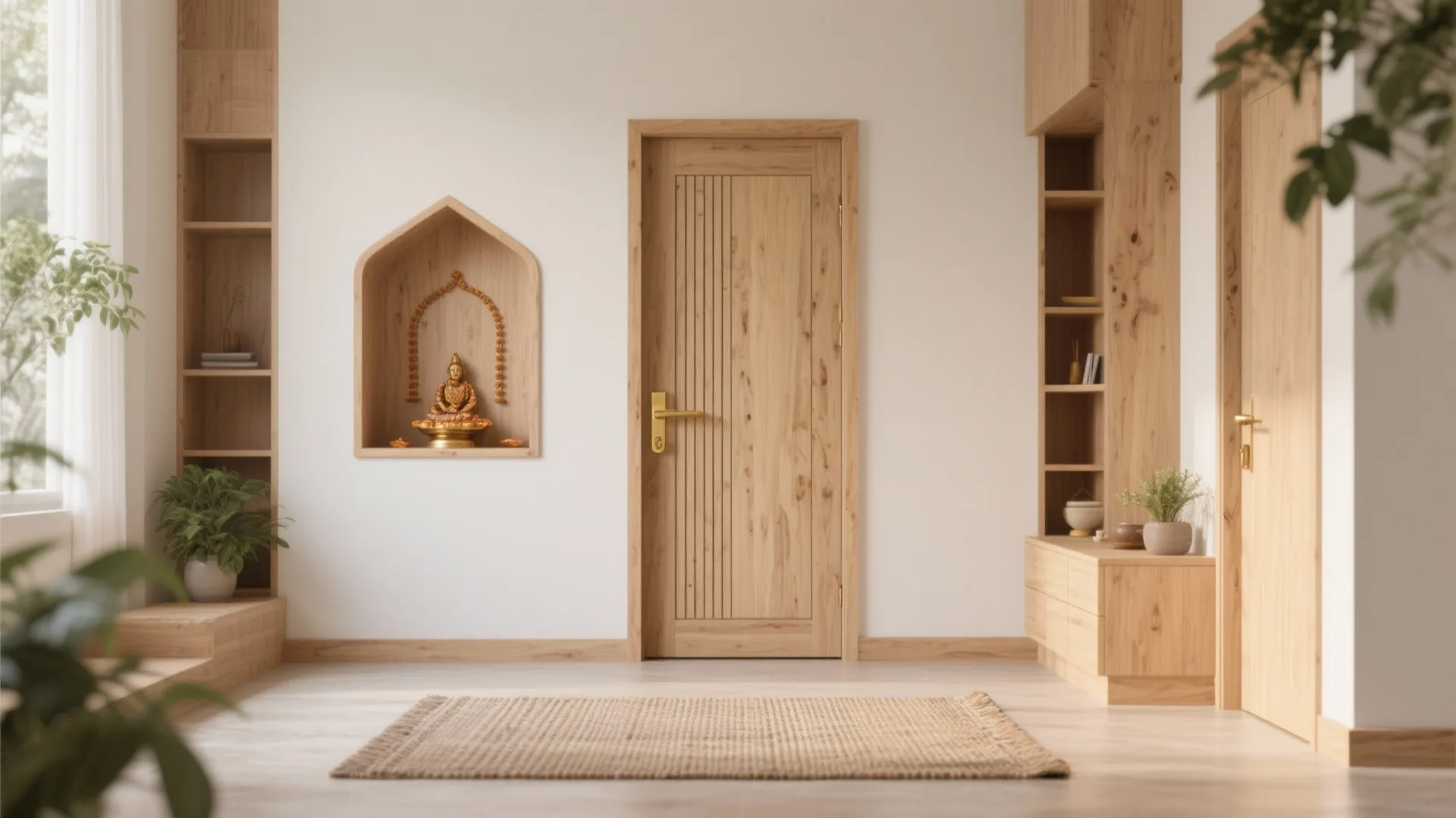 Minimalist light oak pooja door with slim brass handle in a Scandinavian-style home.