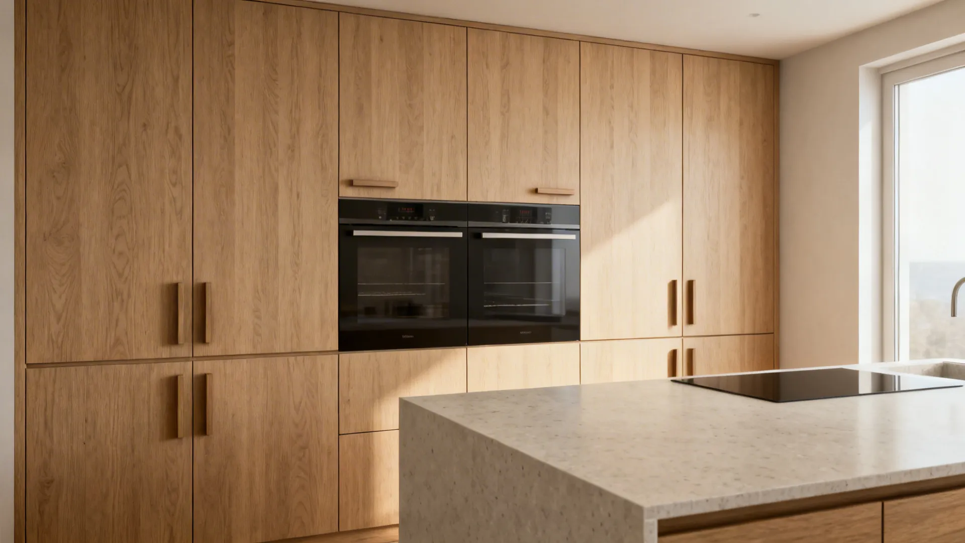 1) Minimalist wood fronts with integrated pulls