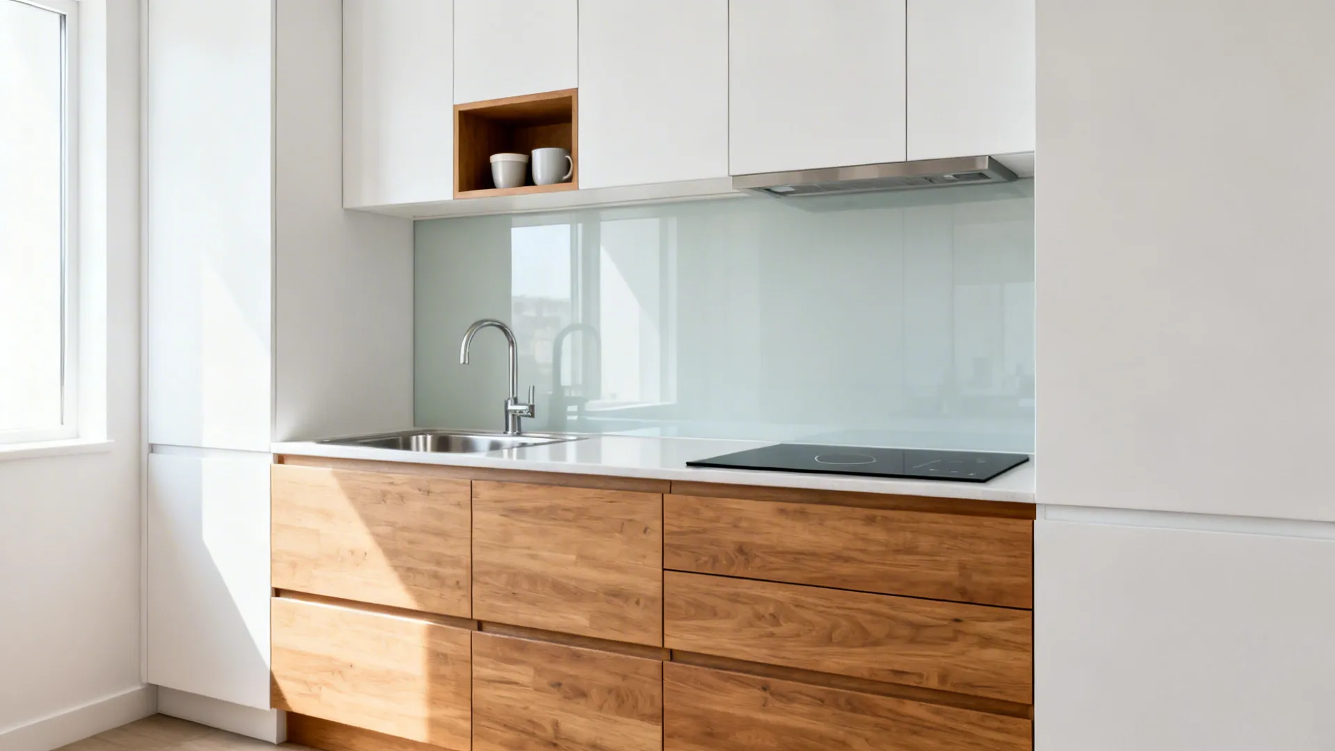 Modern kitchen with white upper cabinets, wood lower drawers, glass backsplash, sink, and black stove