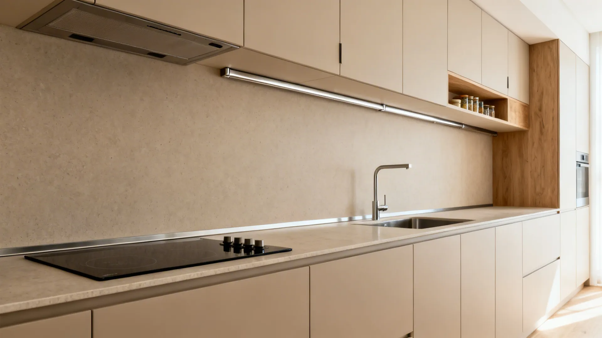 Minimalist beige kitchen showing black stove top, silver sink, wooden cabinets, and long stone countertop
