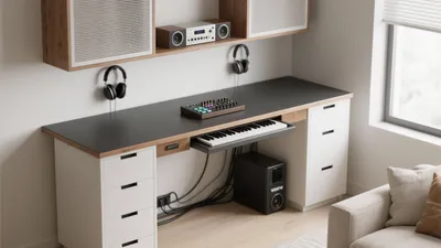 Modern Home Studio Desk with Integrated Music Gear