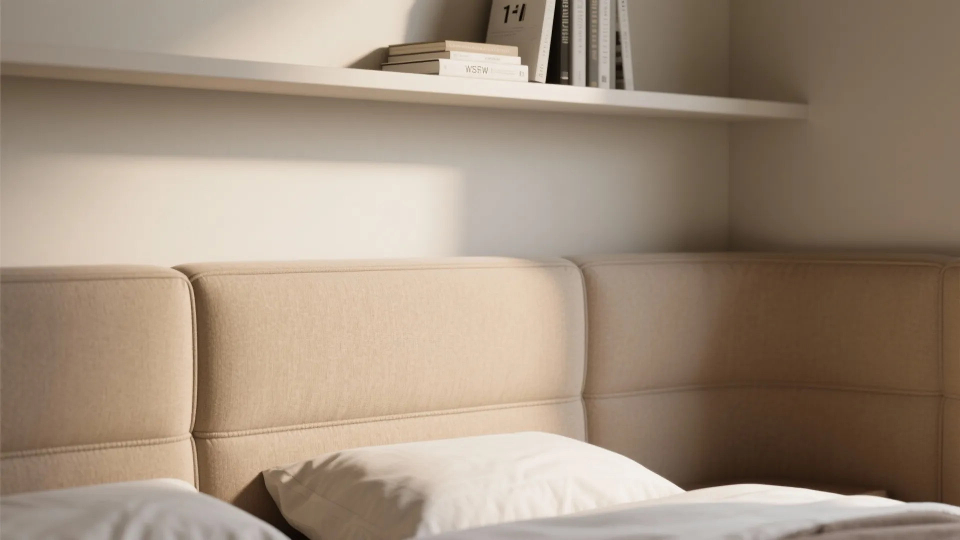 Close up of beige wall panel behind a bed with a white shelf holding books