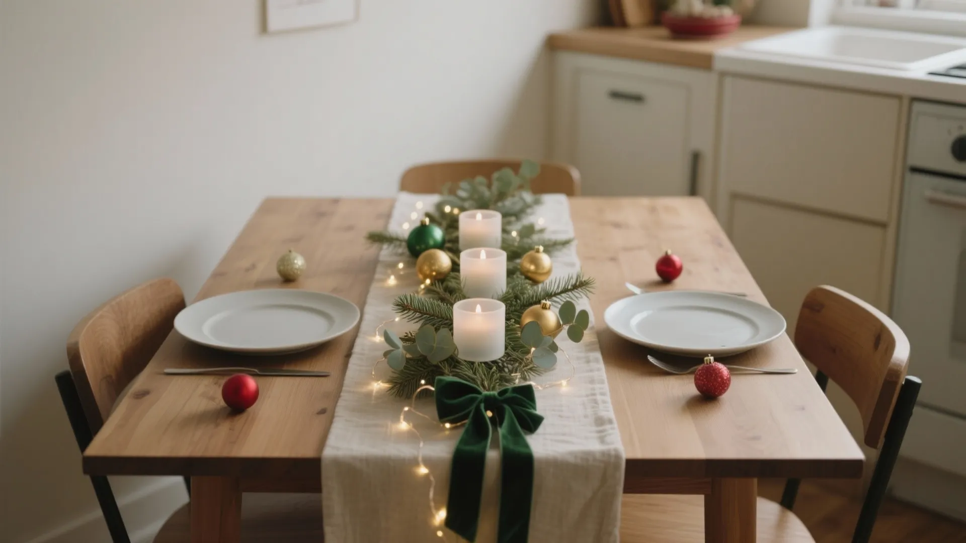 Wooden dining table with three white candles, green plants, colorful ornaments, and white plates setting