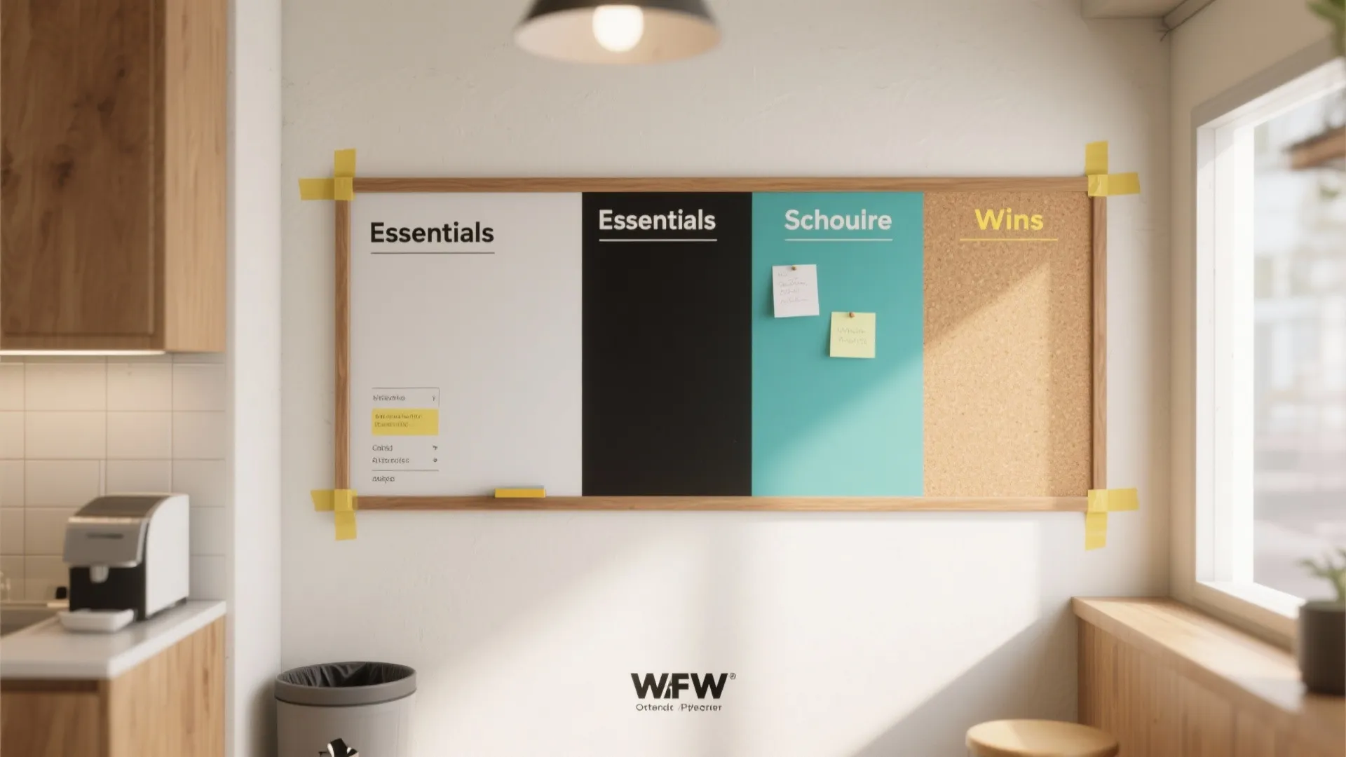 Wall mounted board with four colored sections for notes beside kitchen cabinet and coffee machine