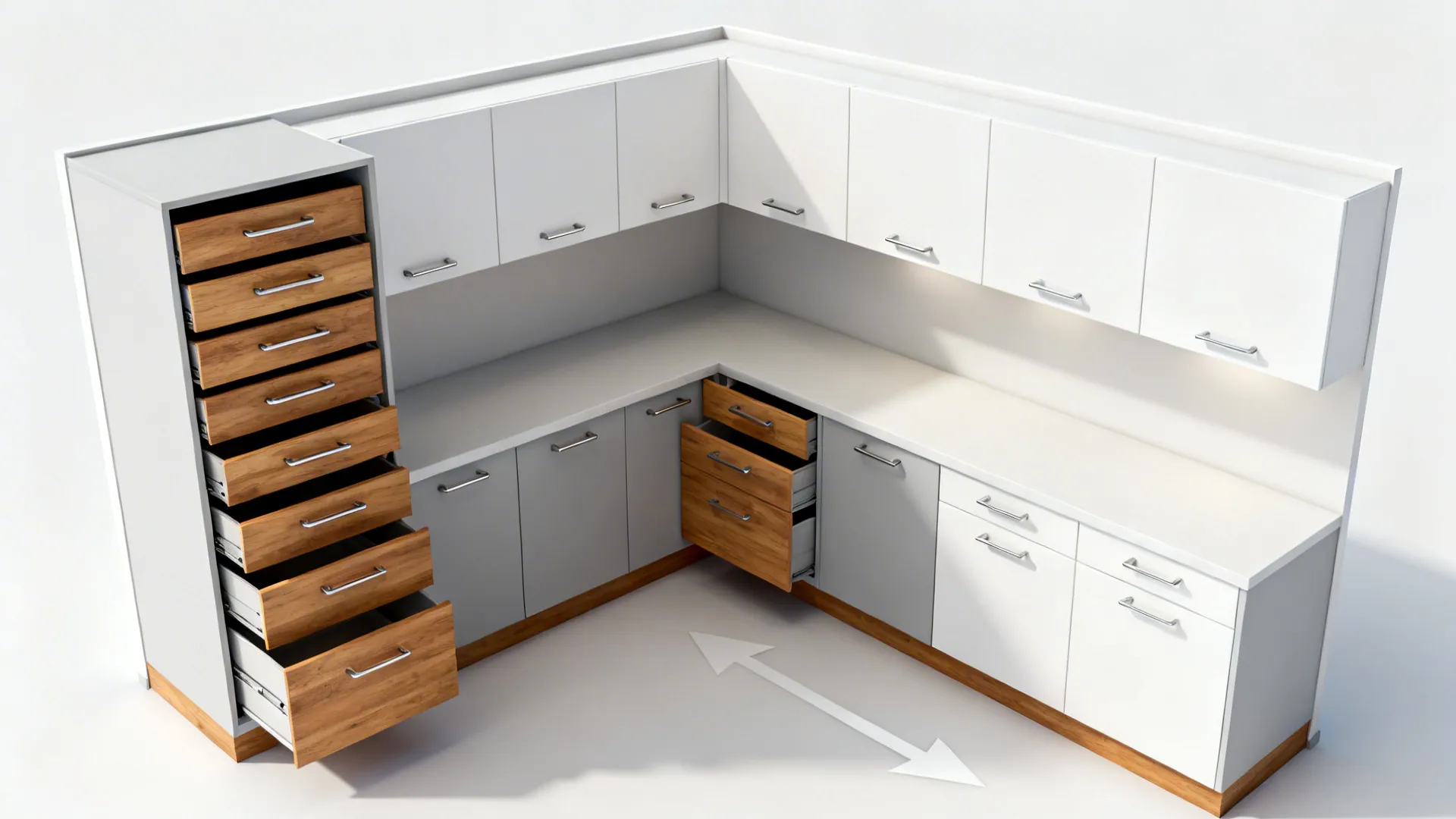 Top-down small kitchen plan showing minimalist storage zones with drawers and pantry.