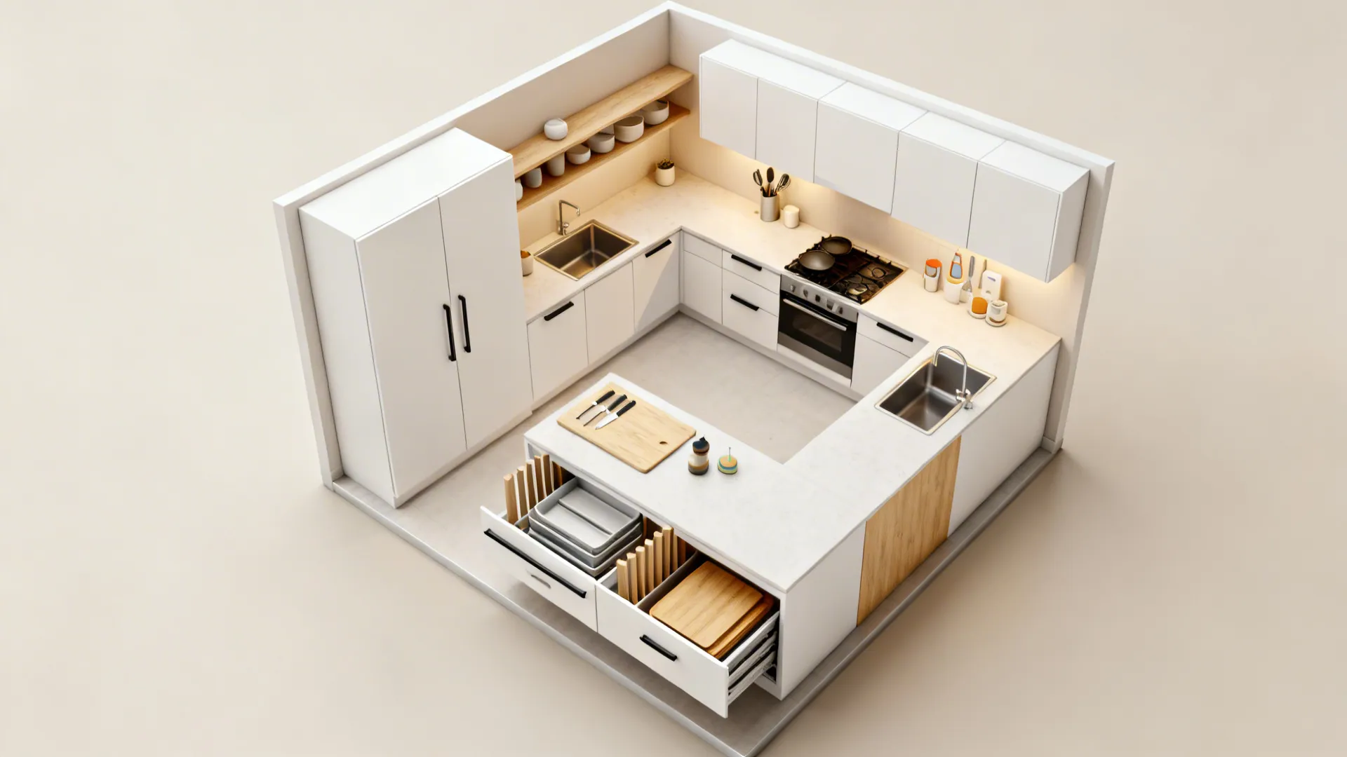 Idea 1: Minimalist storage with clear prep zones