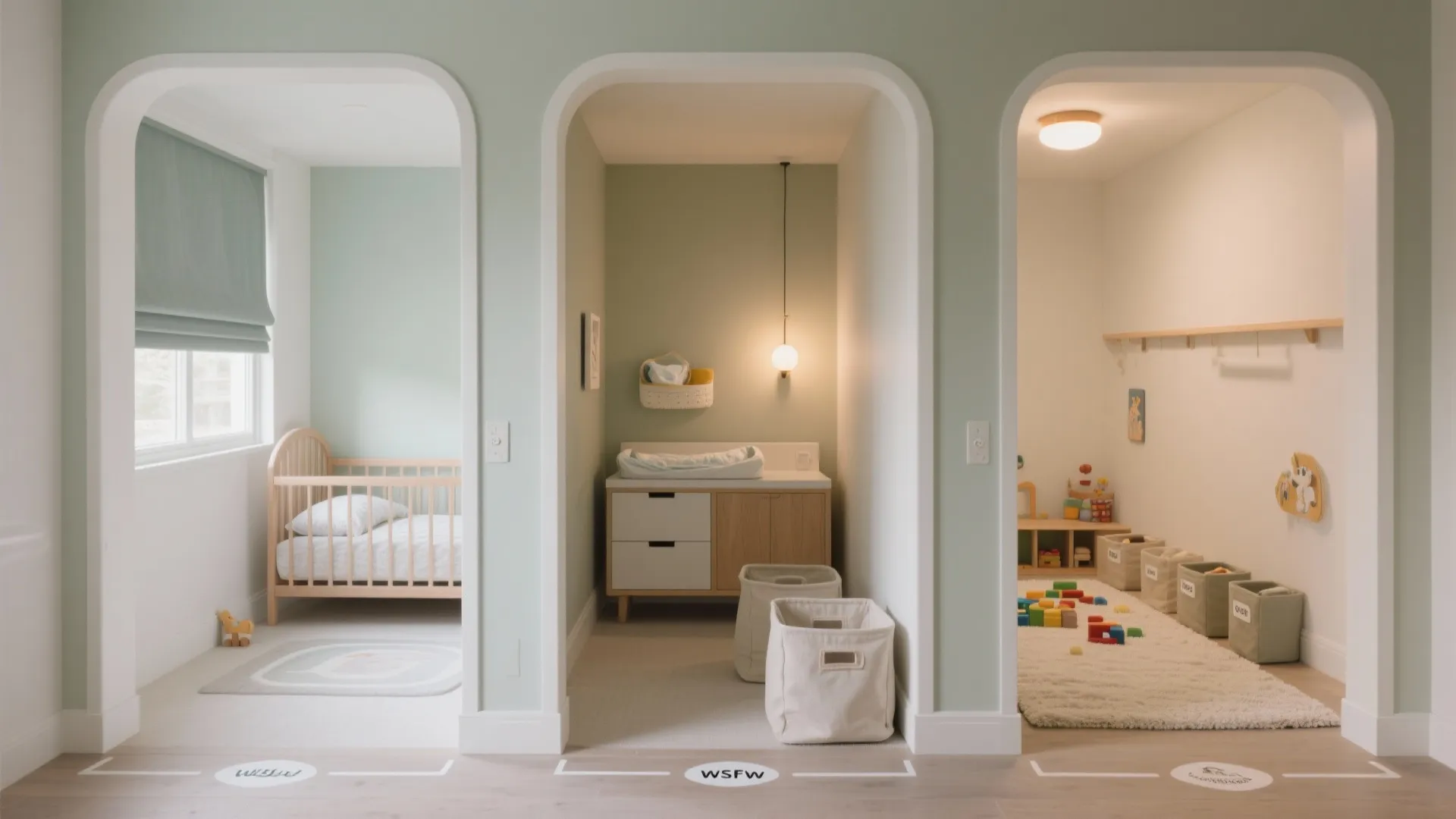Small nursery split into sleep, change, and play zones with neutral colors and labeled bins.