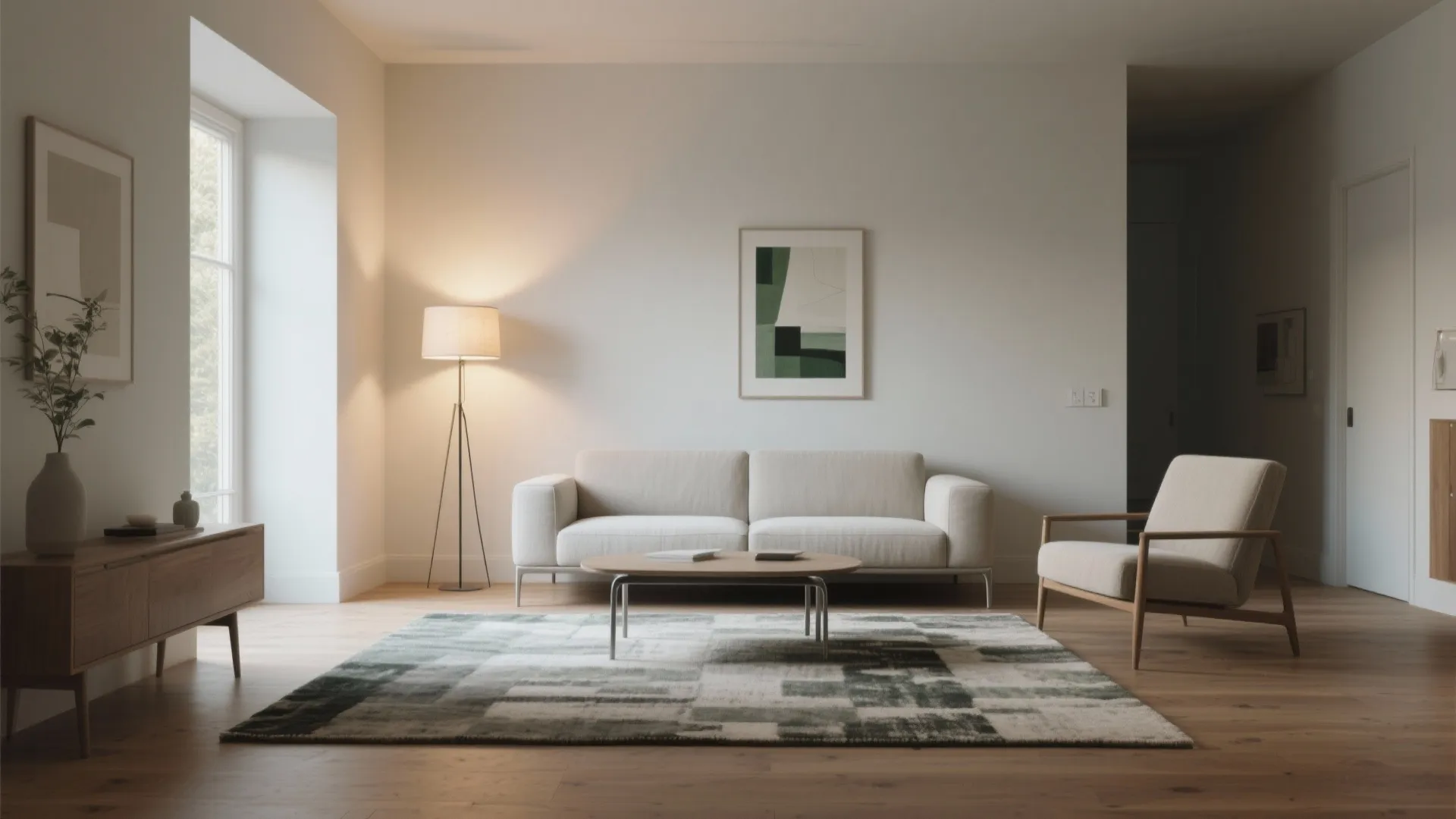 1) Minimalist zoning with rugs, lighting, and sightlines