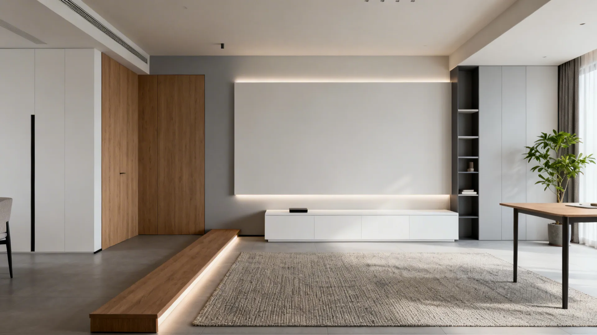 Minimalist zoning with a slim console, low white storage, and an oak-and-white palette in an open-plan room.