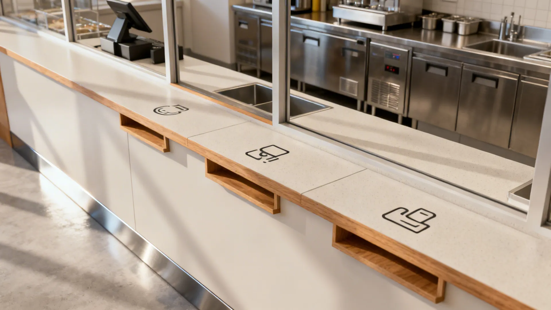 Minimalist counter with subtle depth changes marking order, pay, and pickup zones and clear kitchen views.