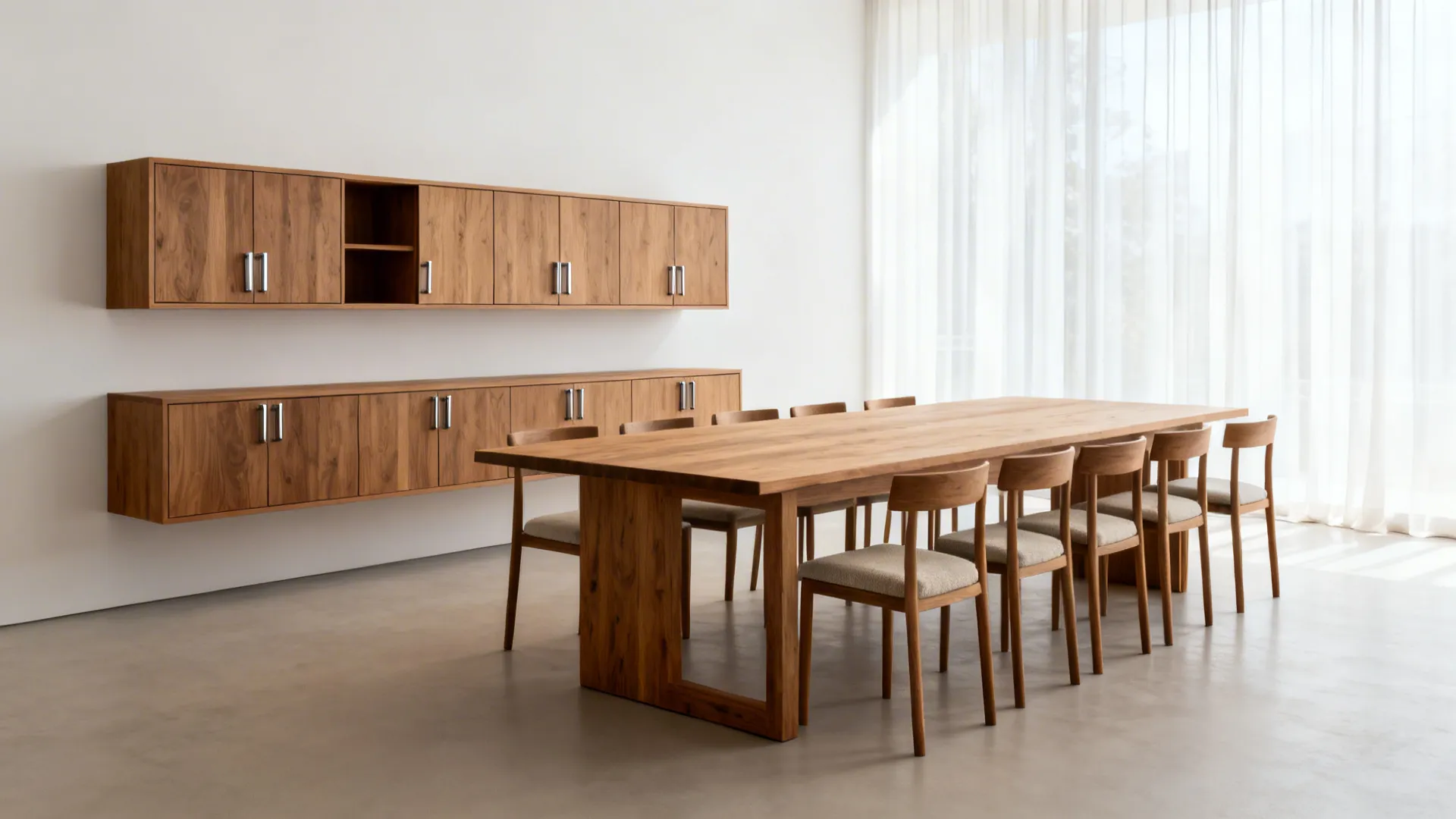 Minimalist dining room with 10-seat oak table, armless chairs, and wall-hung credenza preserving circulation.