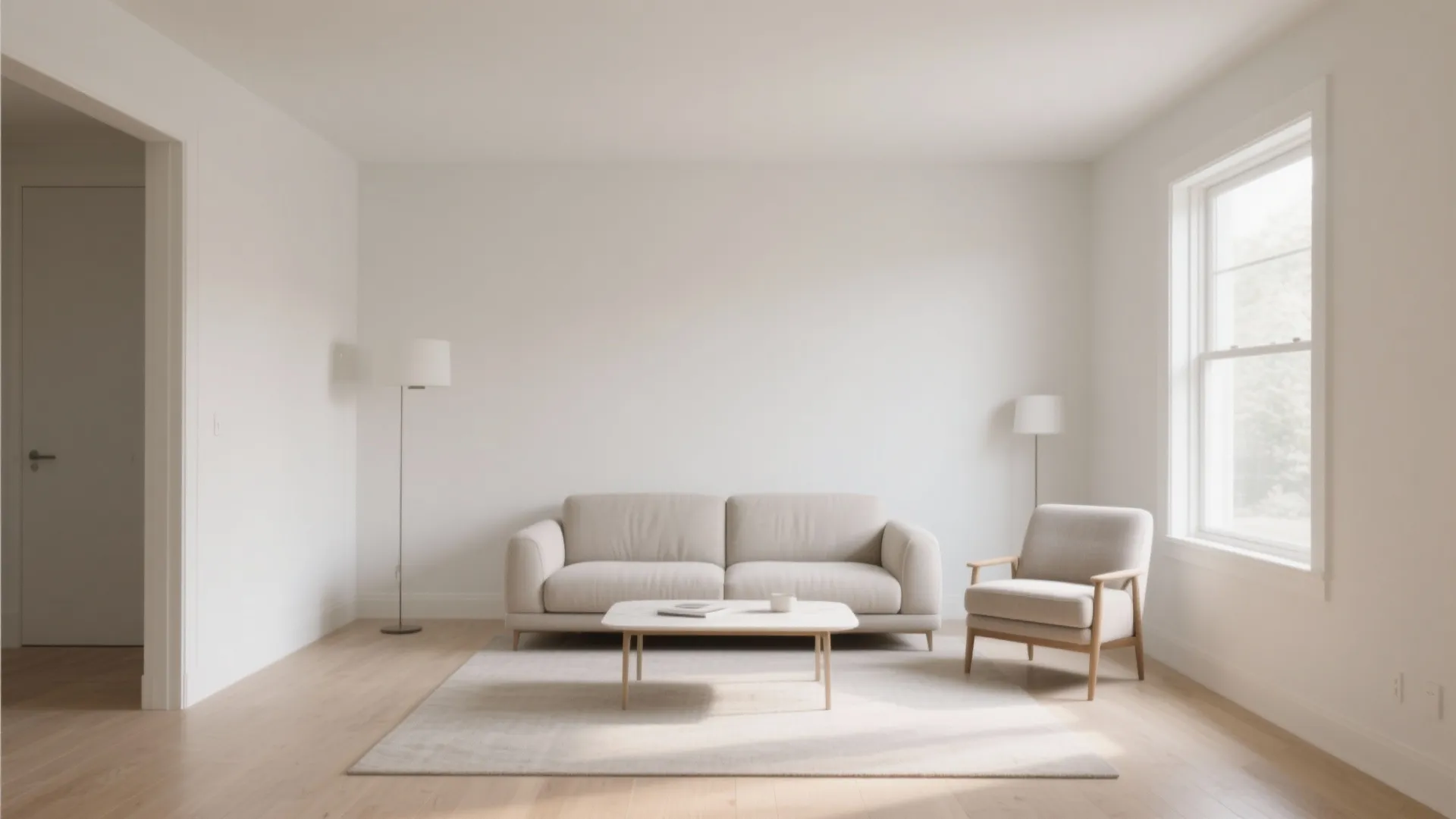 Minimalist living room design with white walls beige sofa matching armchair small table and window
