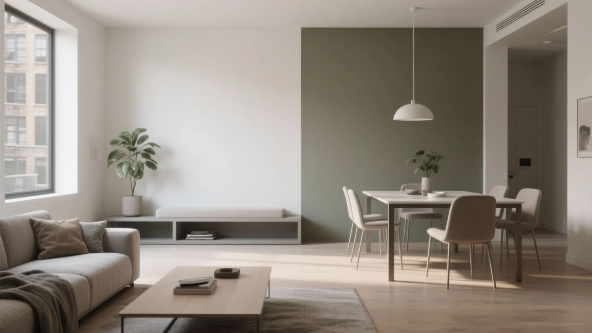Minimalist living room with grey sofa wooden coffee table white walls and green accent wall feature