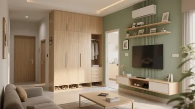 Modern Living Room with Green Accent Wall & Smart Wooden Storage
