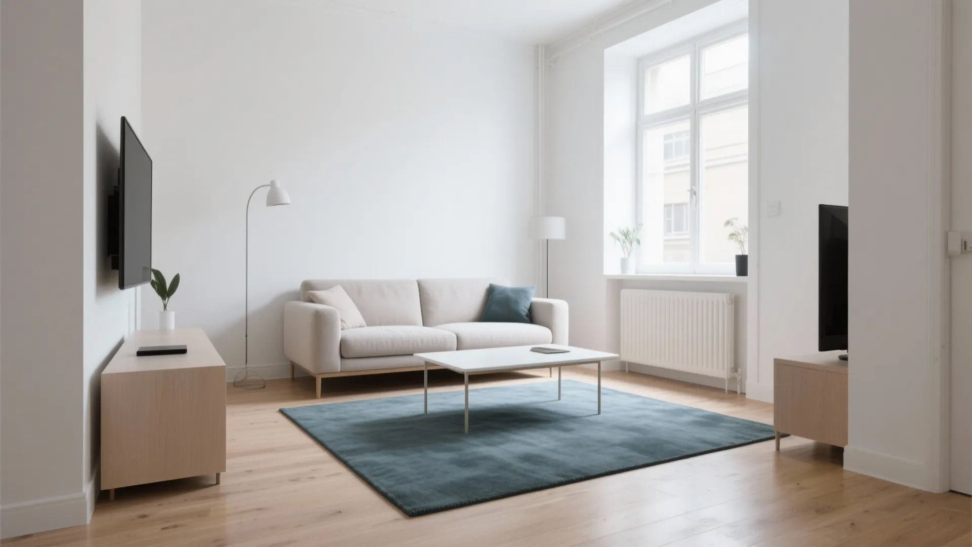 Minimalist living room with solid 5x10 rug and light furniture