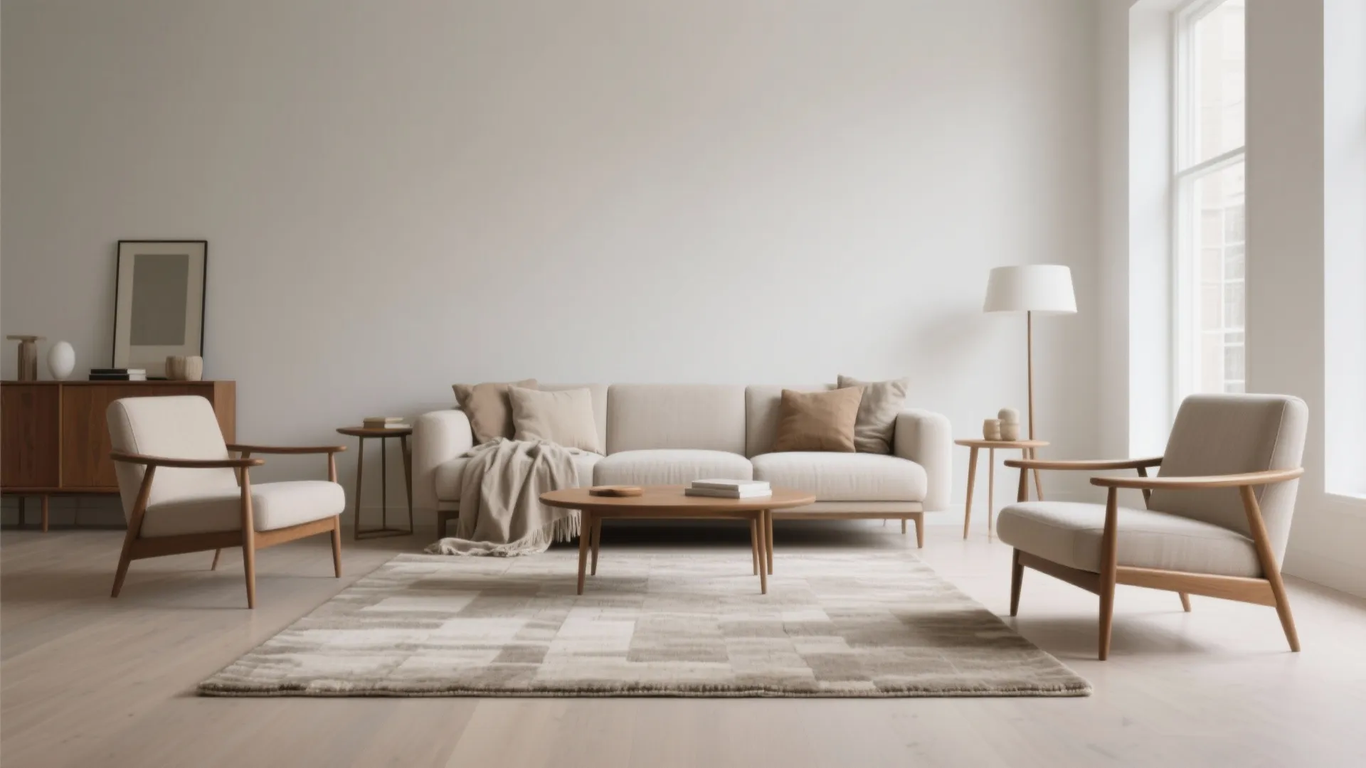 Minimalist living room with mid-century furniture on a neutral 5x7 rug