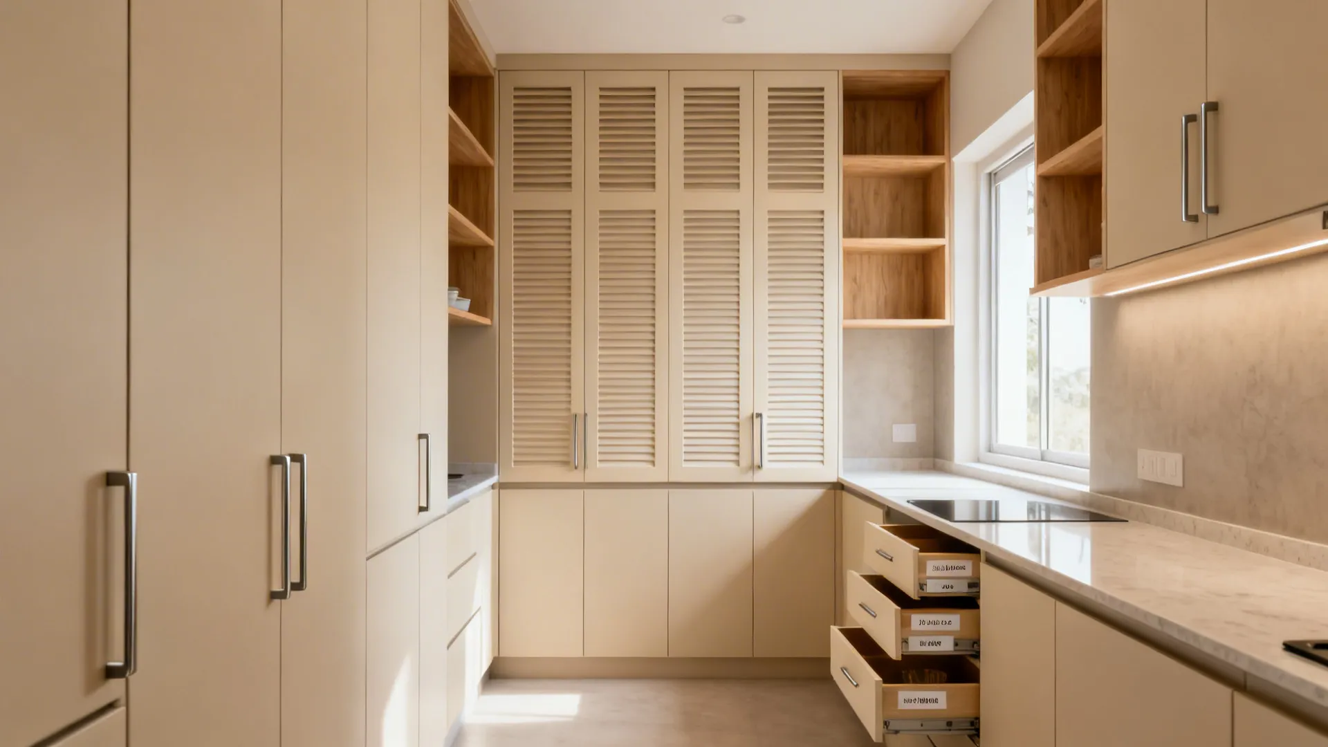 Minimalist 6x8 kitchen with full-height flat cabinets, lofts, and warm oak accents.