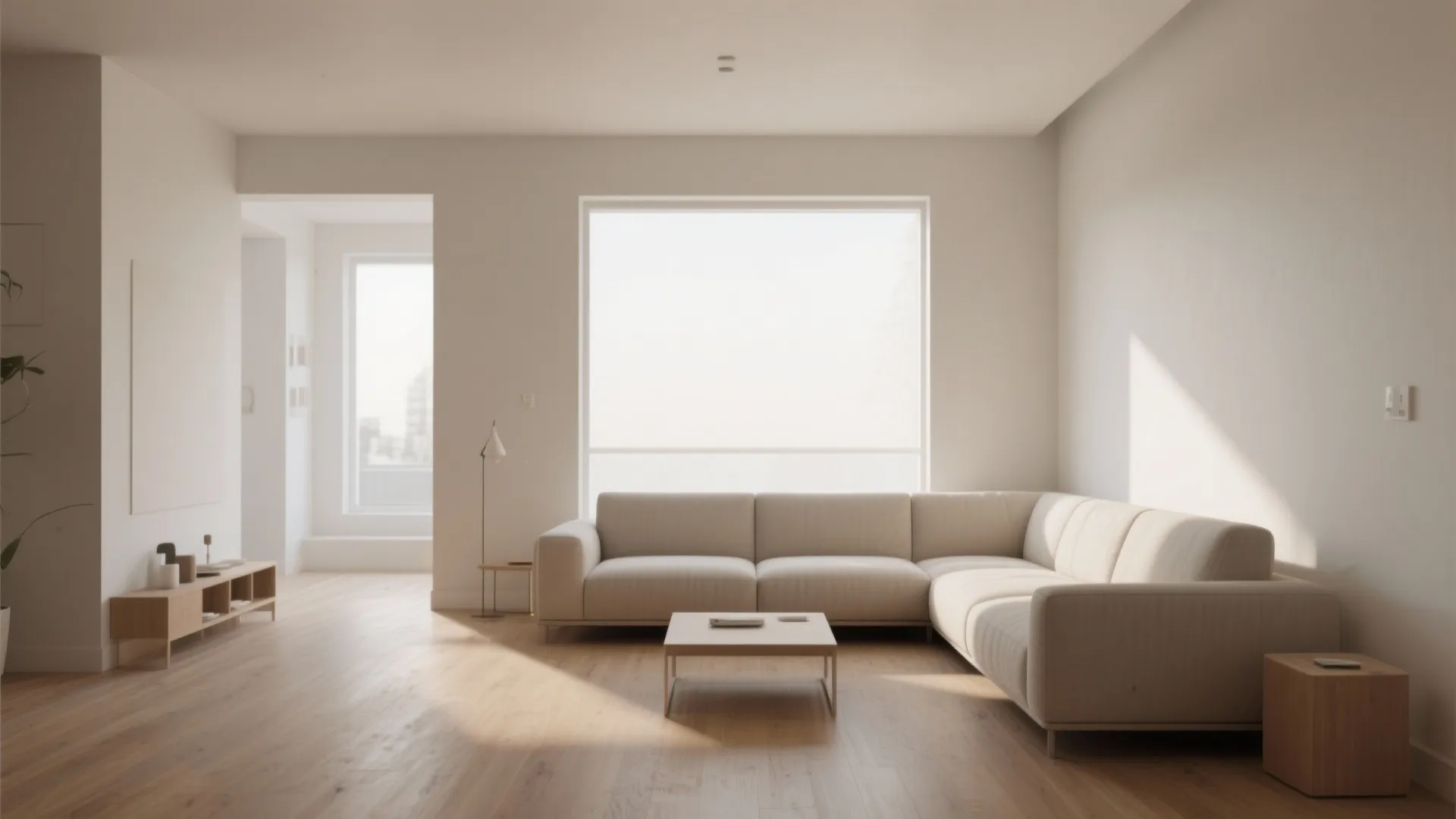 Minimalist living room featuring a cream sofa coffee table wooden floor and a large window