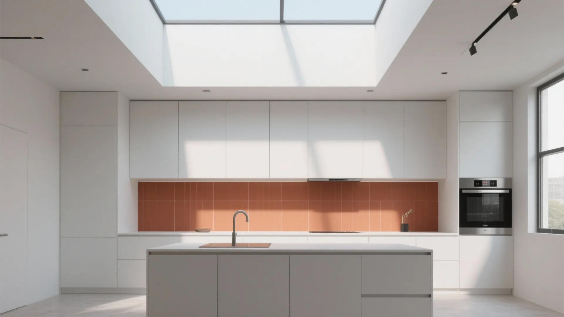Minimalist white kitchen with orange wall tiles and natural light coming from a roof window