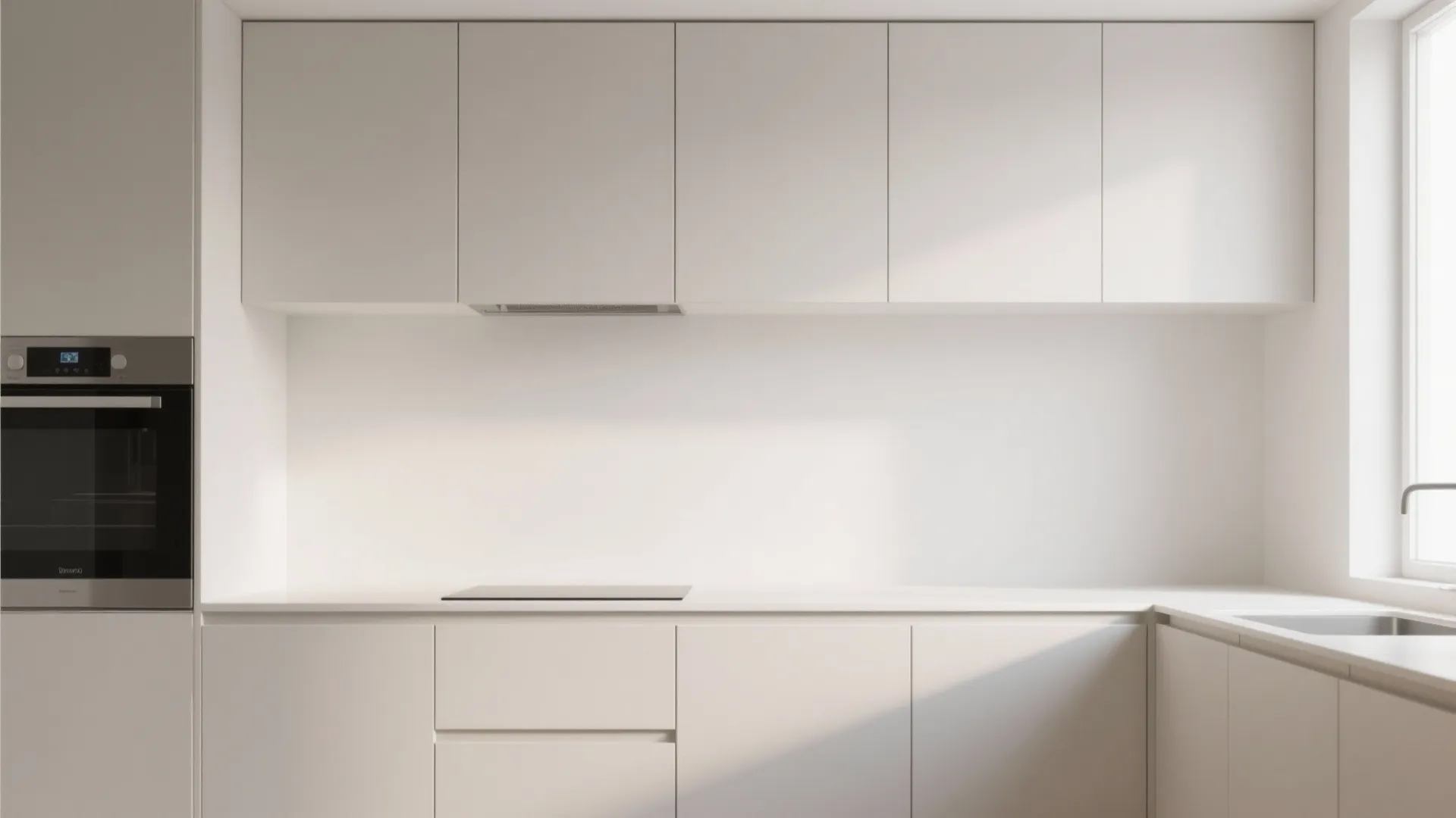 Modern minimalist white kitchen with clean cabinets built in oven white countertop and bright window
