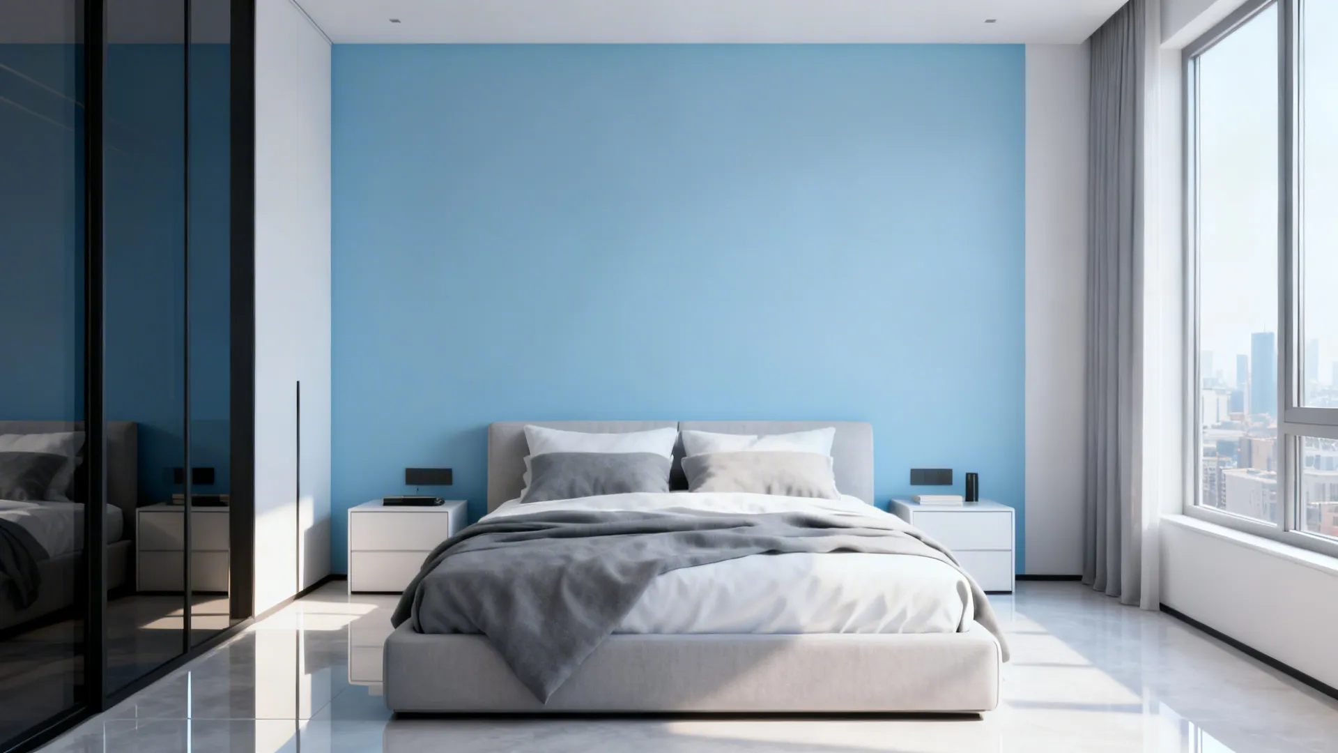 Modern bedroom with light blue accent wall behind grey bed and white nightstands near window