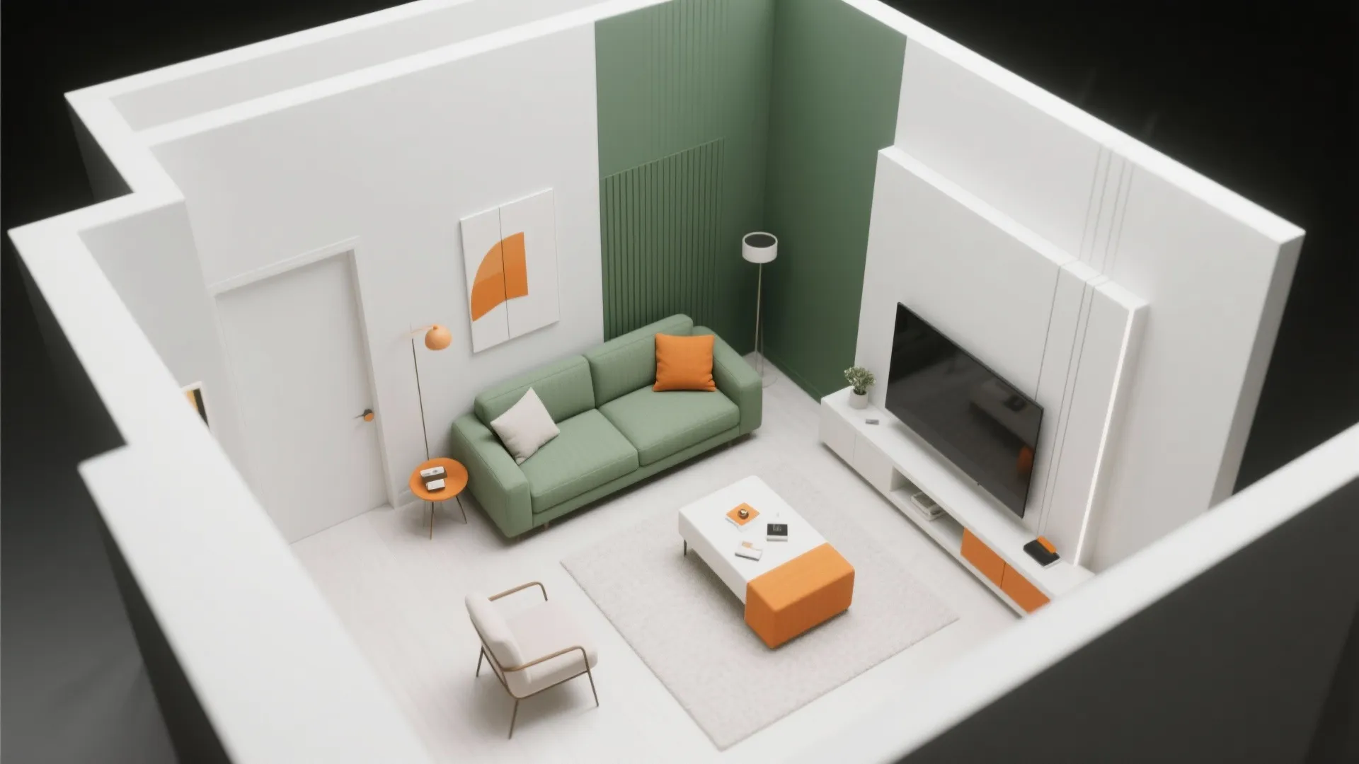 Interior design drawing of small living room with green sofa television white walls and orange accents