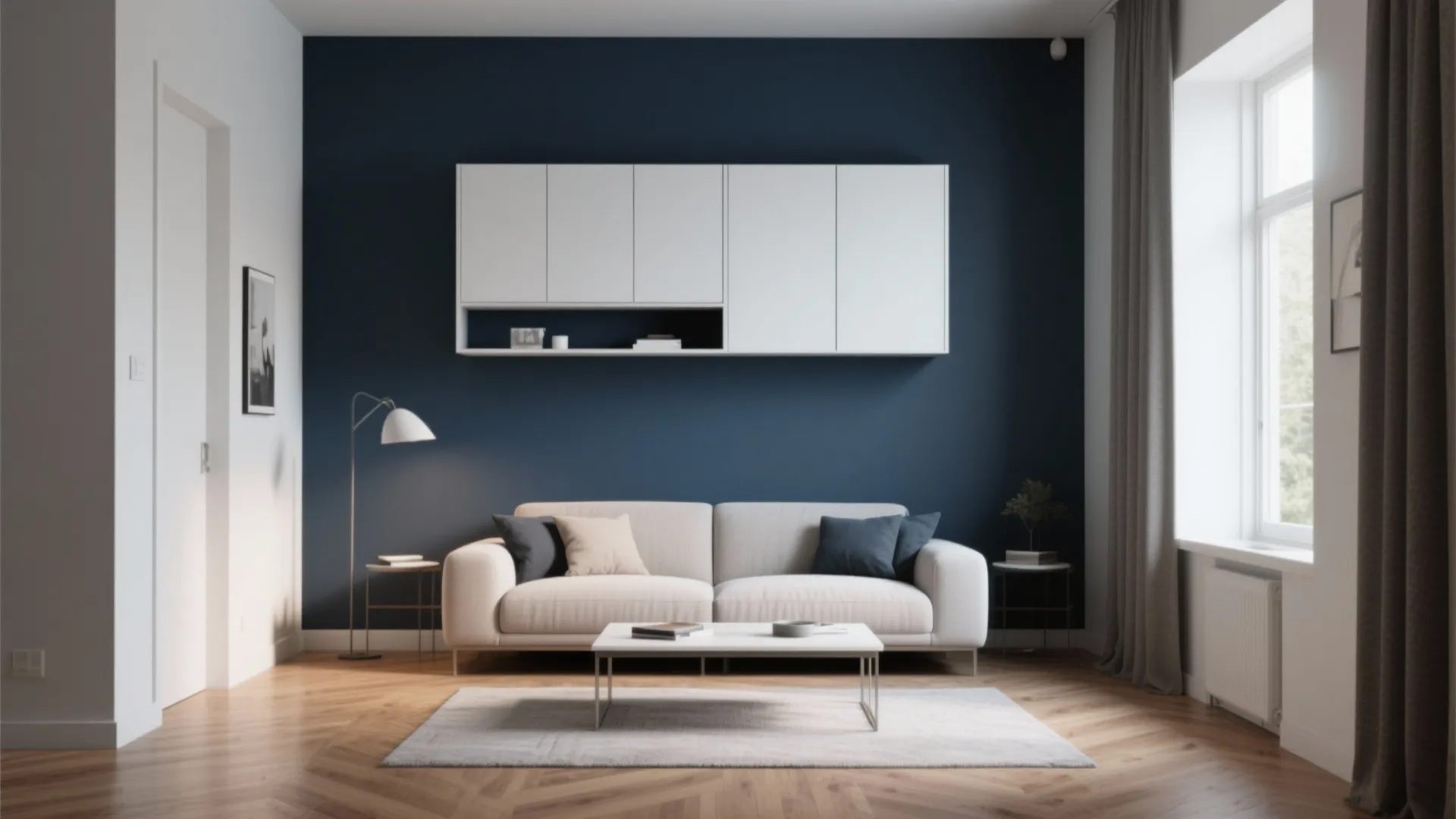 1. Minimalist storage with a bold accent wall