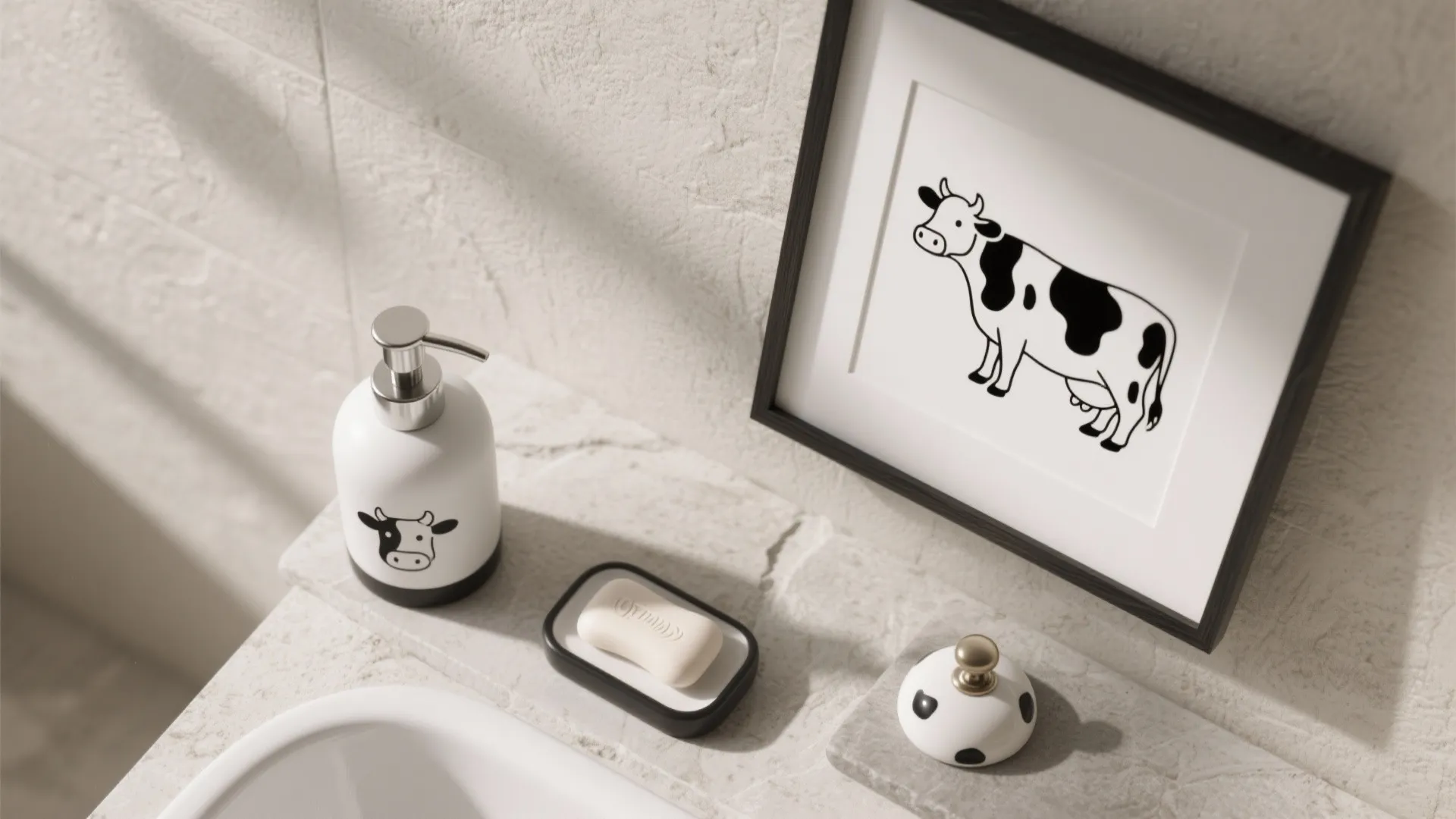 Bathroom counter with cow themed soap dispenser soap dish small jar and cow picture frame