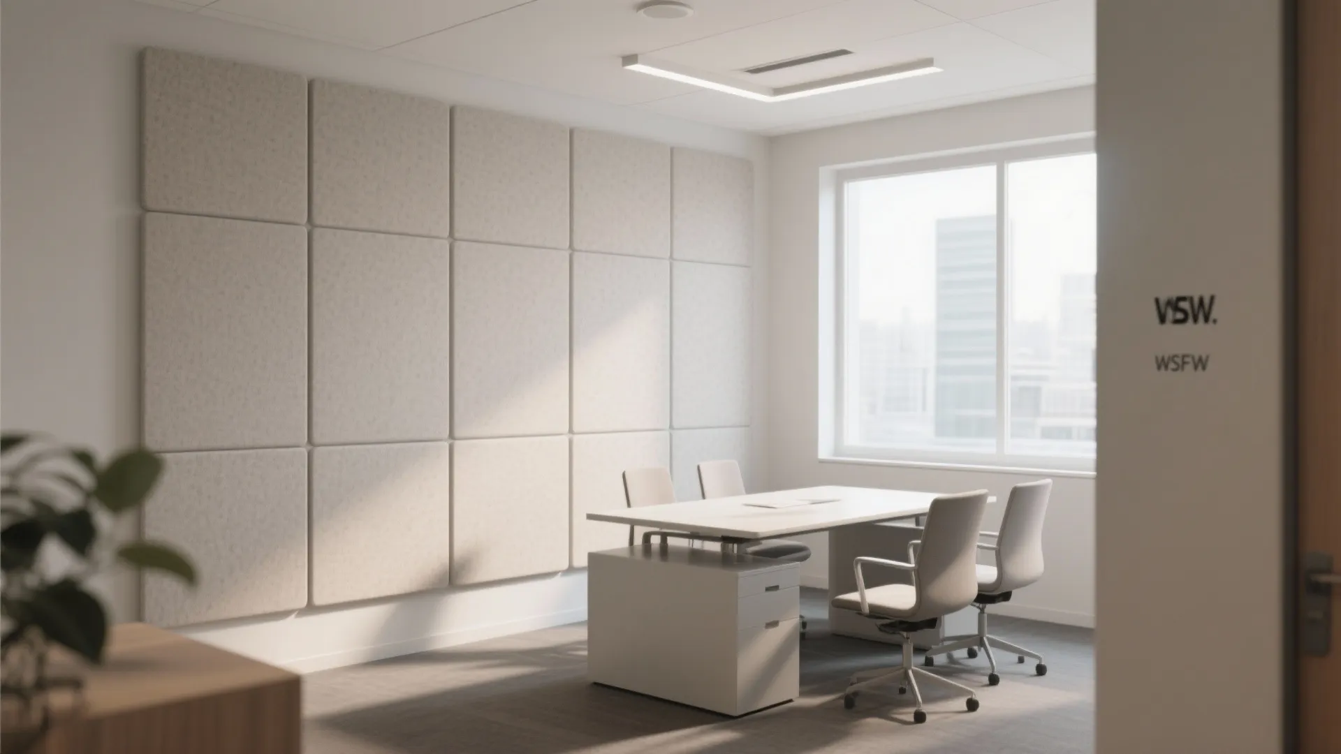 Modern meeting room with beige wall panels white desk grey chairs ceiling light and window