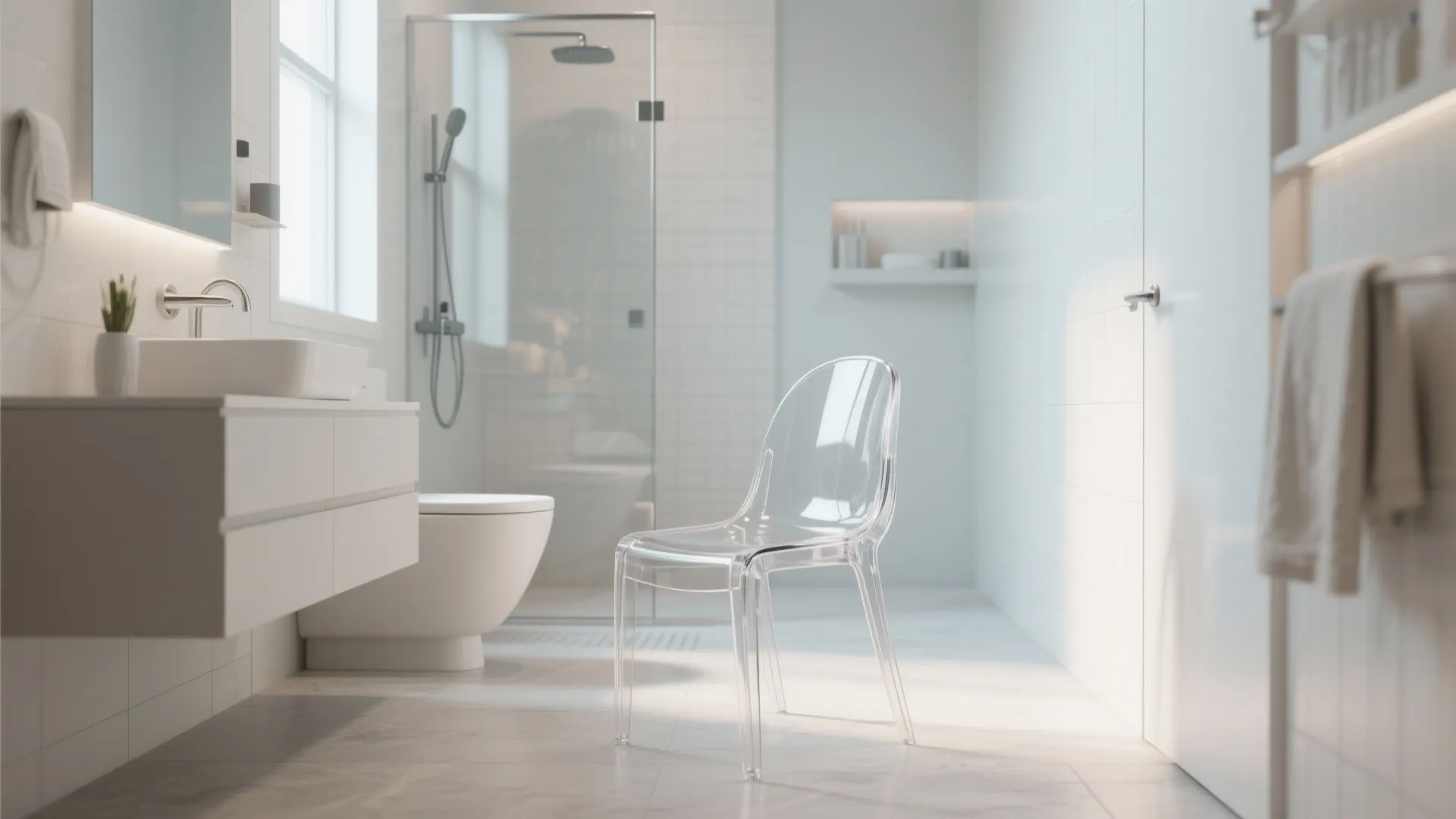 Bright minimalist bathroom showing a transparent plastic chair beside a white sink cabinet and shower