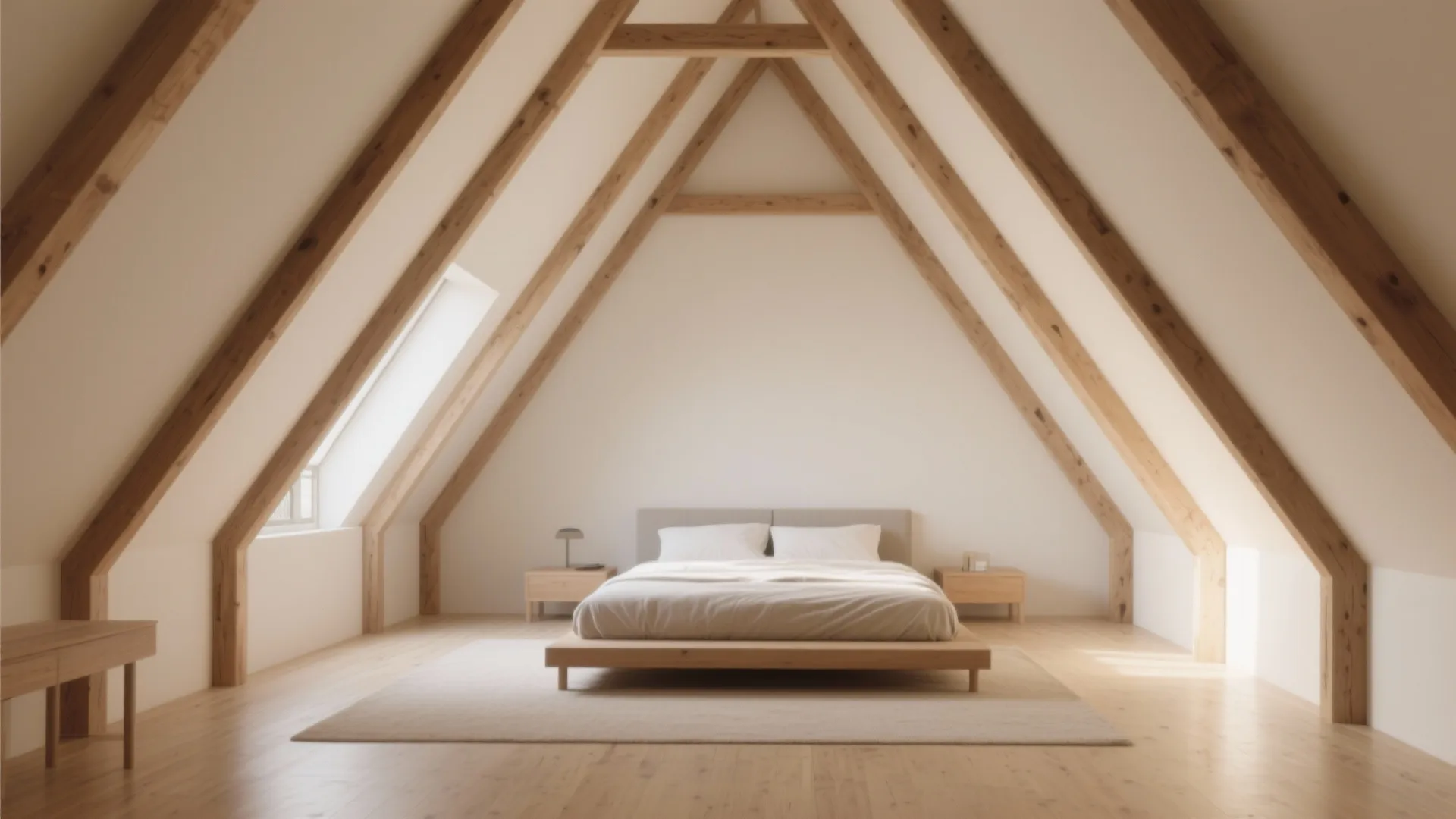 Minimalist A-frame bedroom with open floor and wood beams