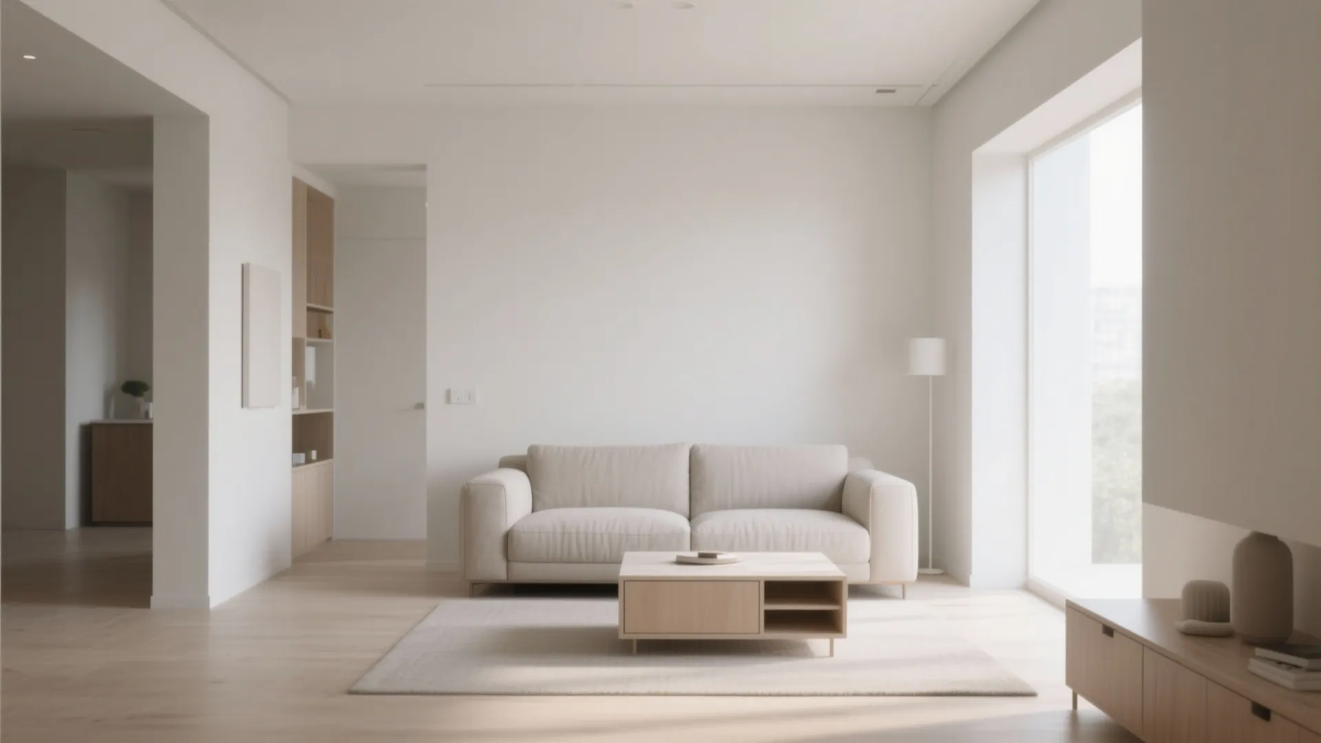 Minimalist white living room with simple beige sofa wooden coffee table floor lamp and window