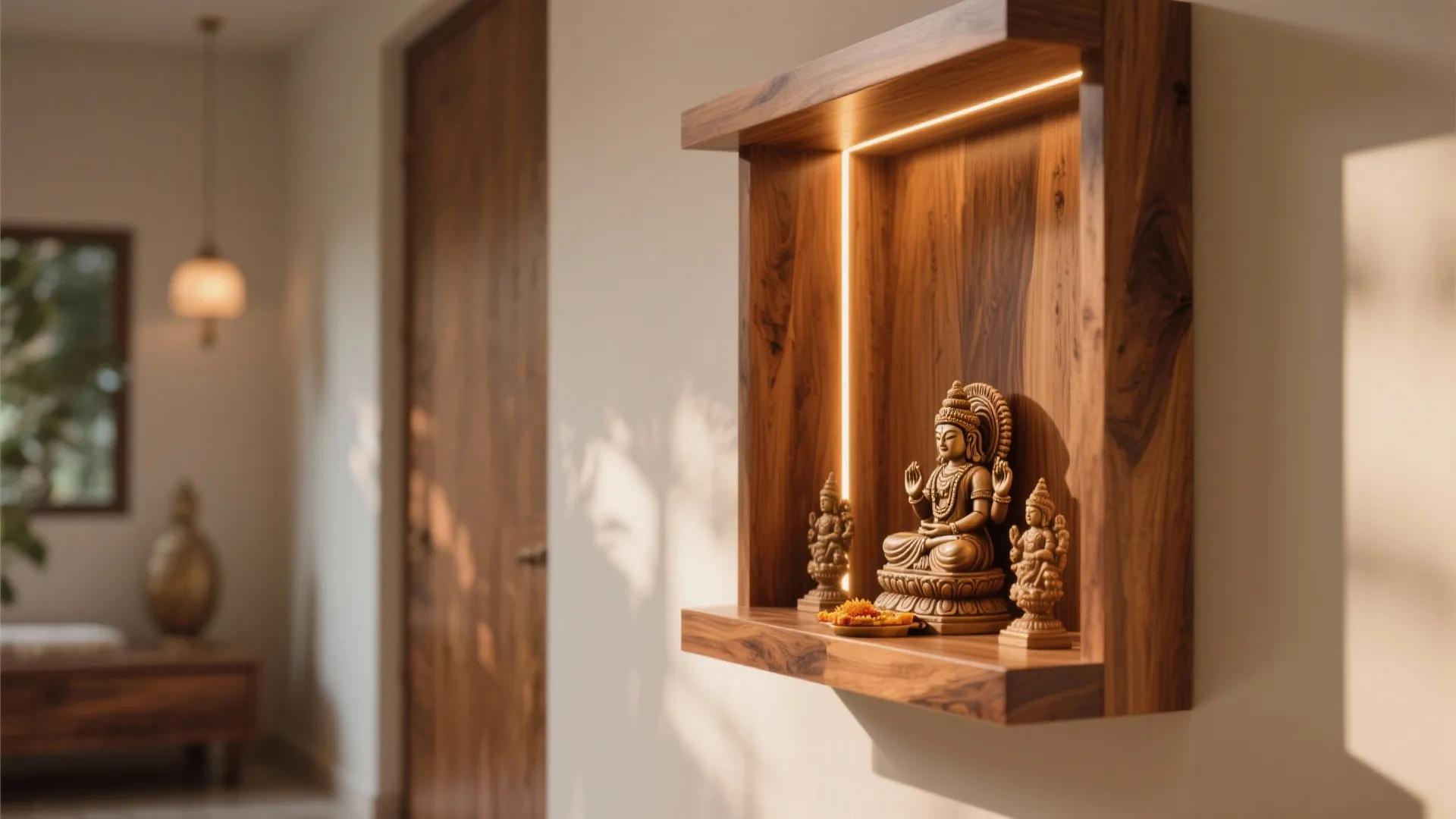 Minimalist wooden altar with soft lighting
