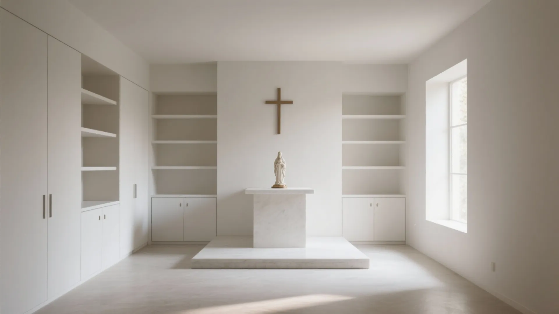 Simple white prayer room with a marble stand and a wood cross on the wall