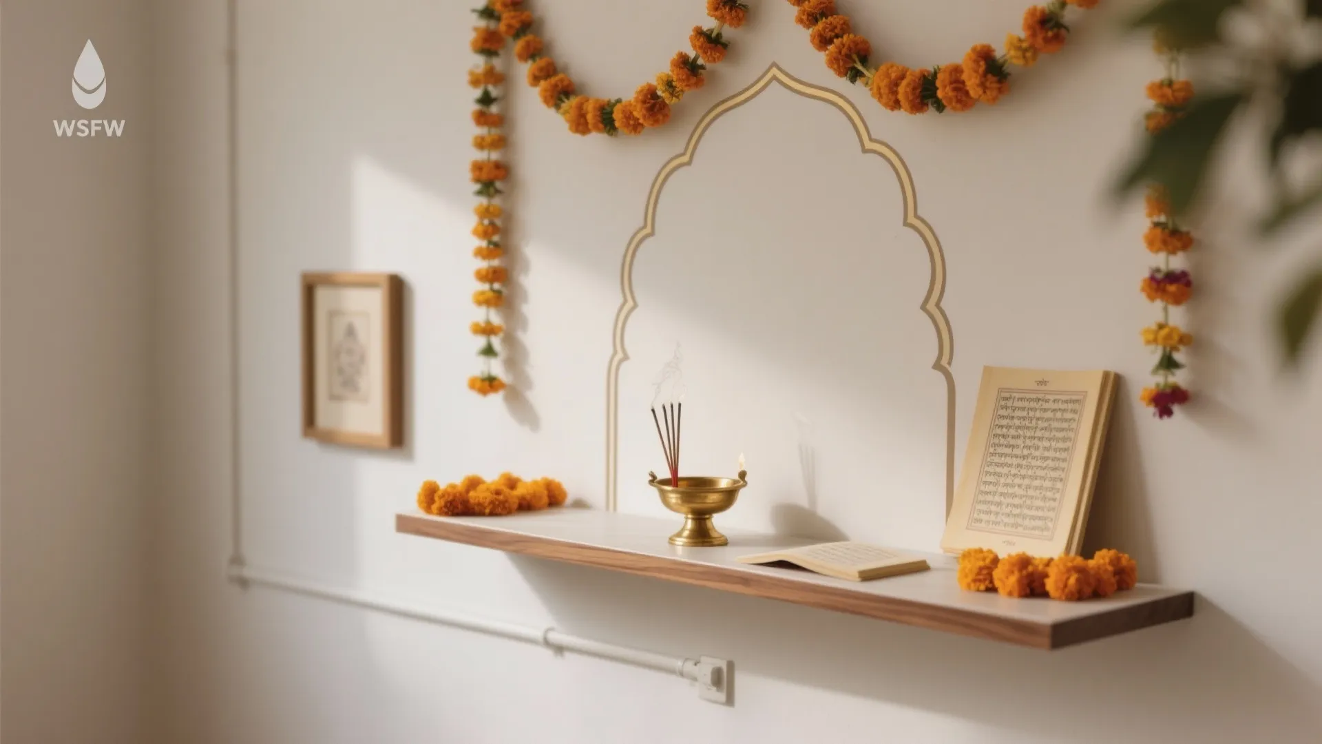 White wall with wooden shelf holding brass bowl incense book and hanging orange flower garlands