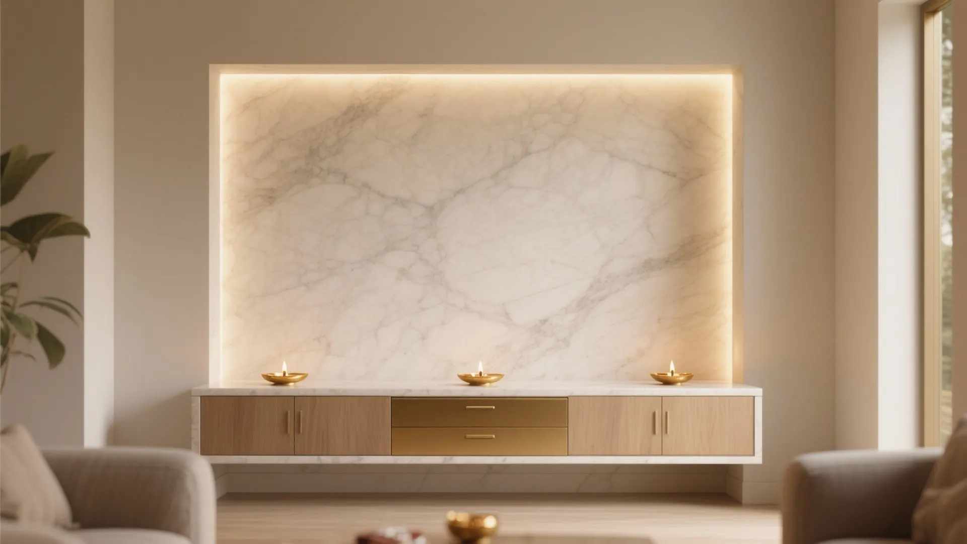 Minimalist wooden cabinet with marble wall panel, warm backlighting, and three small gold oil lamps