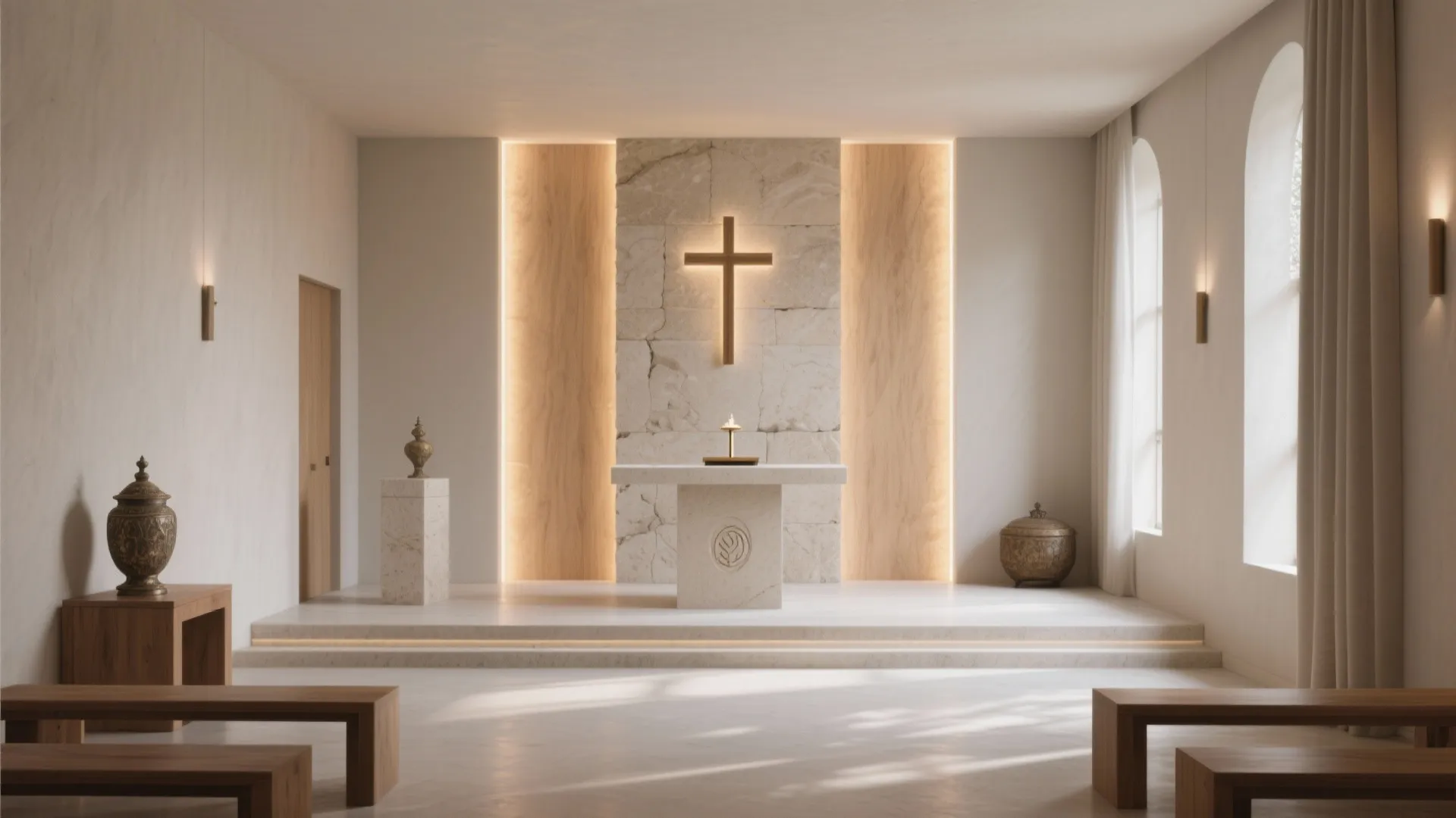 Minimalist prayer room with white marble altar wooden cross wall panels and warm hidden light strips