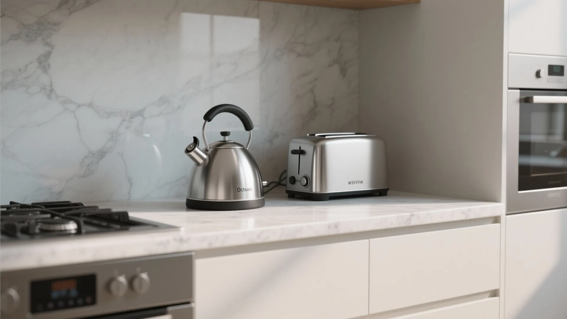 Silver kettle and toaster on a marble counter in a modern kitchen with white cabinets