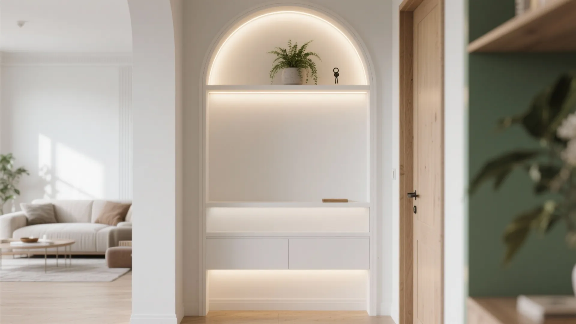 Minimalist white entryway with arched recessed shelving lighting a small green plant and wooden door