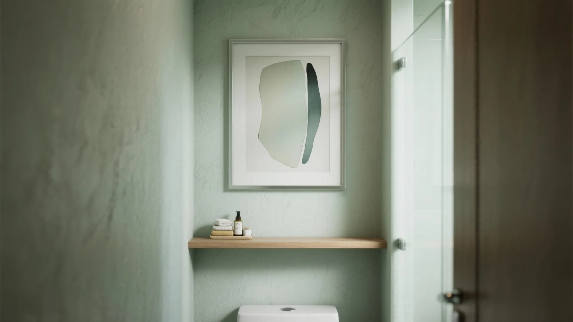Small green bathroom corner with wooden wall shelf framed art print and white toilet tank view