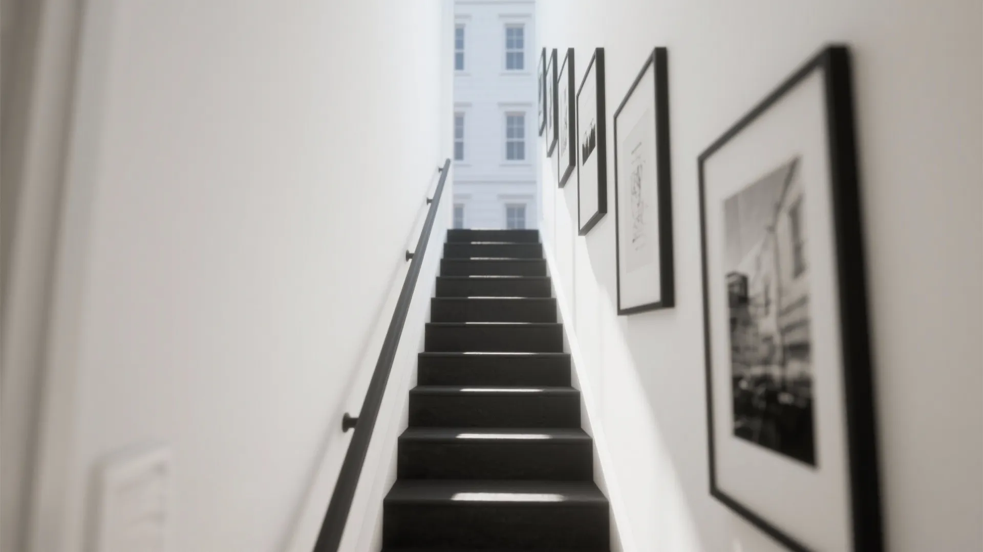 Narrow white staircase with black steps and several framed black and white pictures on wall