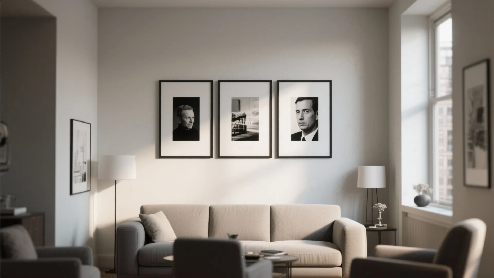 Minimalist living room with three black and white framed portraits hanging above a grey sofa