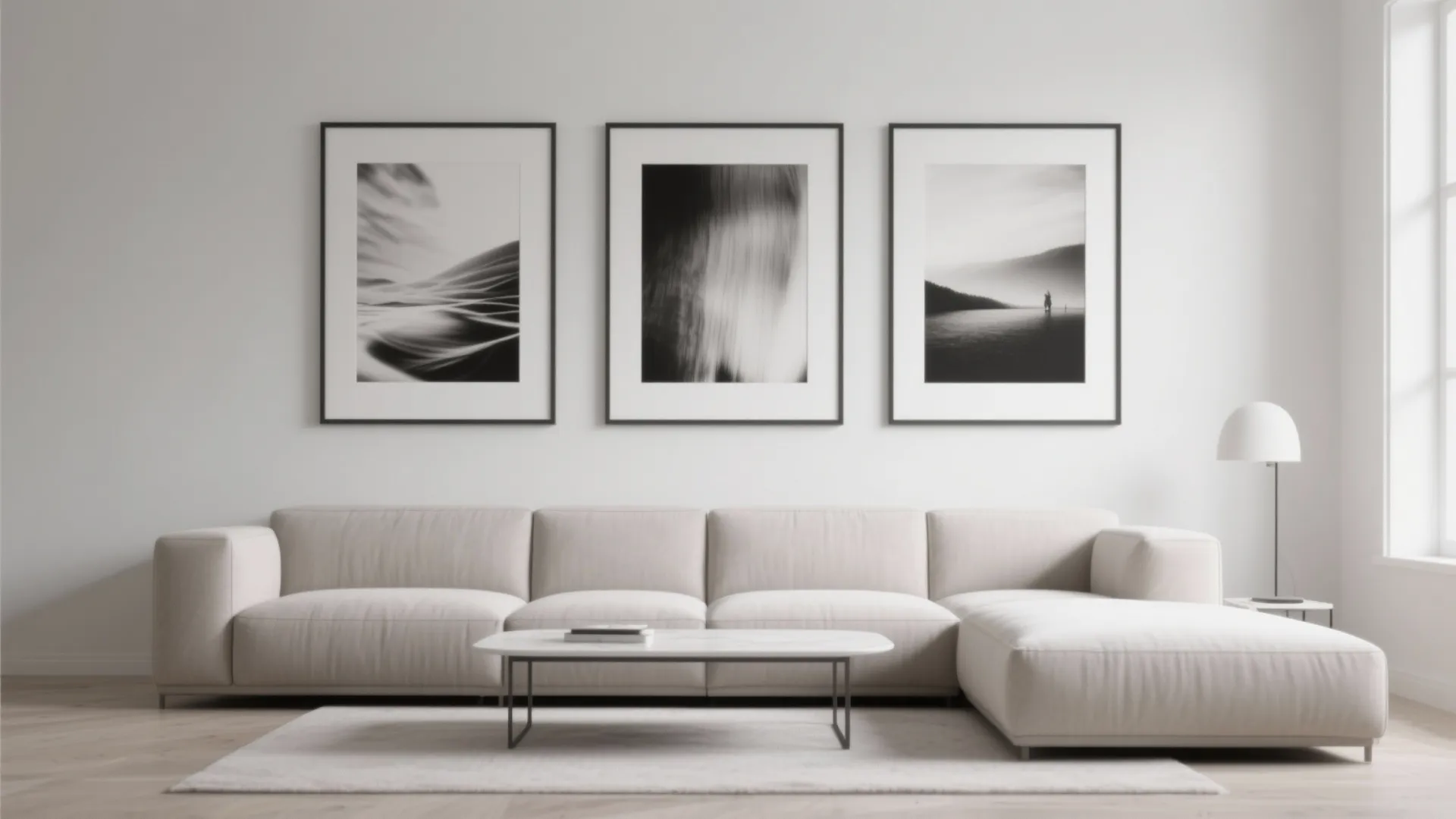 Minimalist living room with three black framed art prints above a large cream sectional sofa