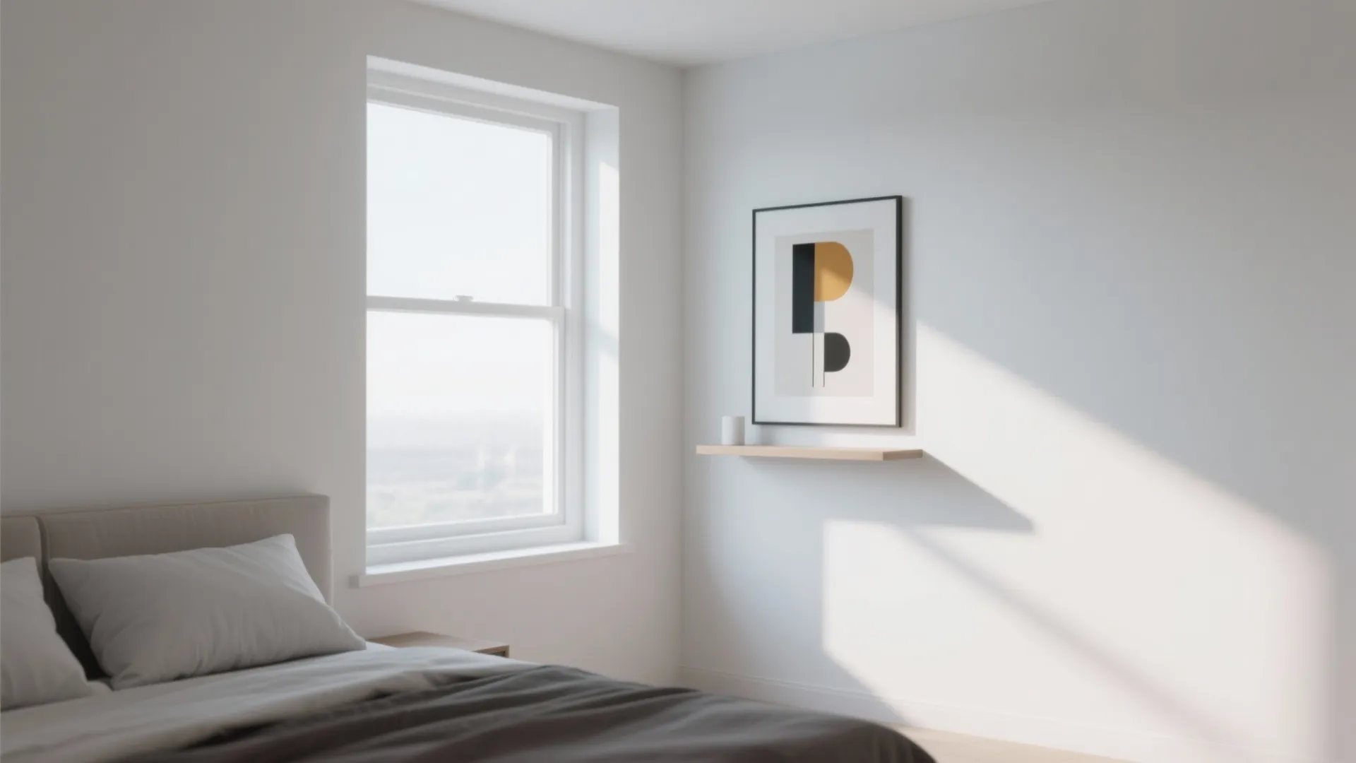 Minimalist corner window with art display on a floating shelf