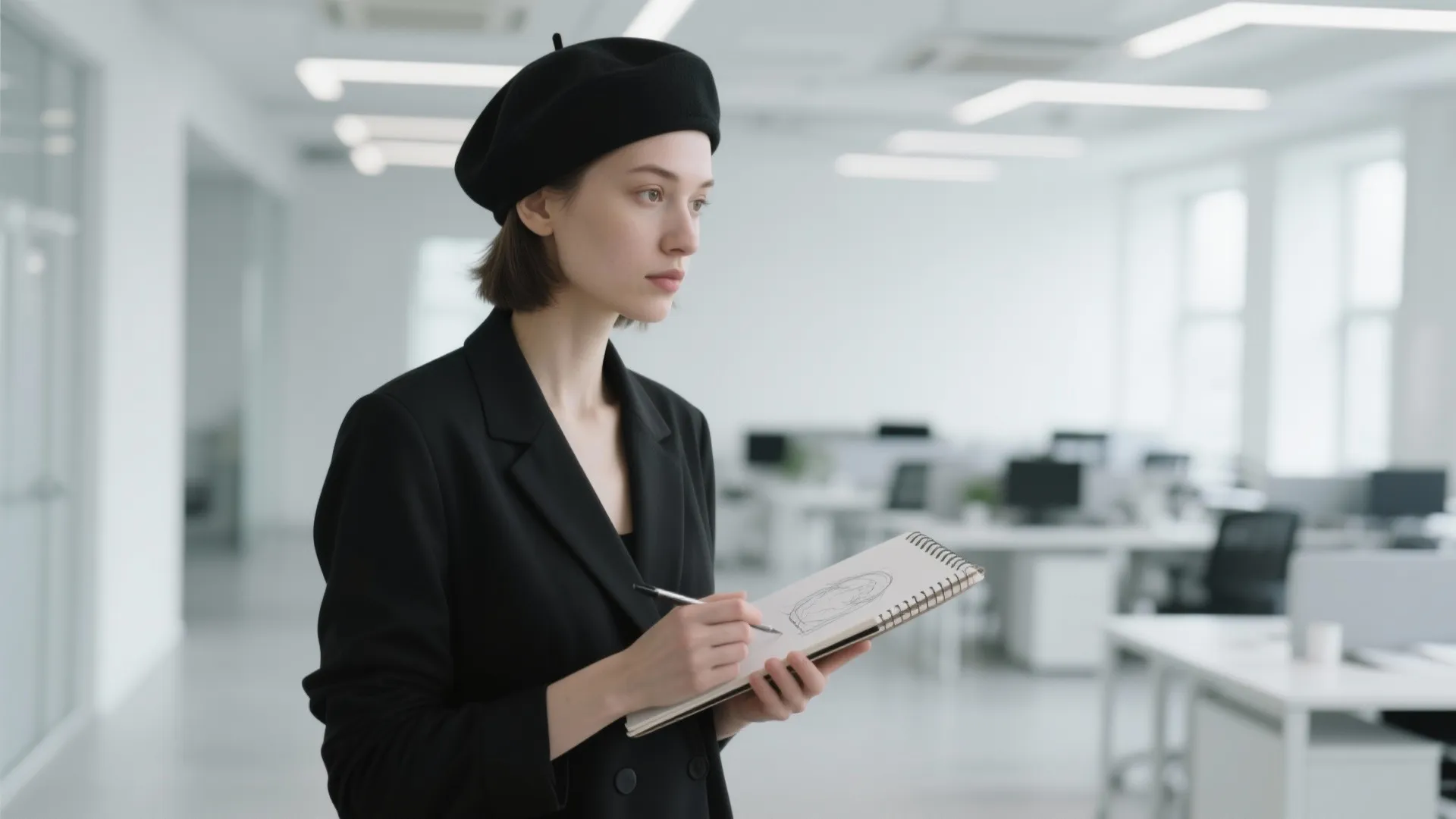Colleague in monochrome outfit and beret holding a sketchpad in an office