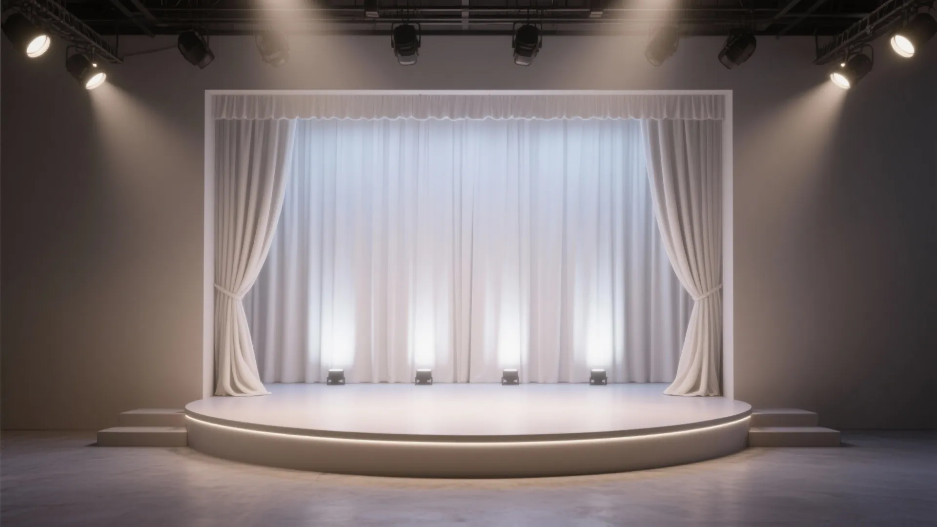 Empty circular stage with white curtain background several ceiling lights and bright floor light fixtures