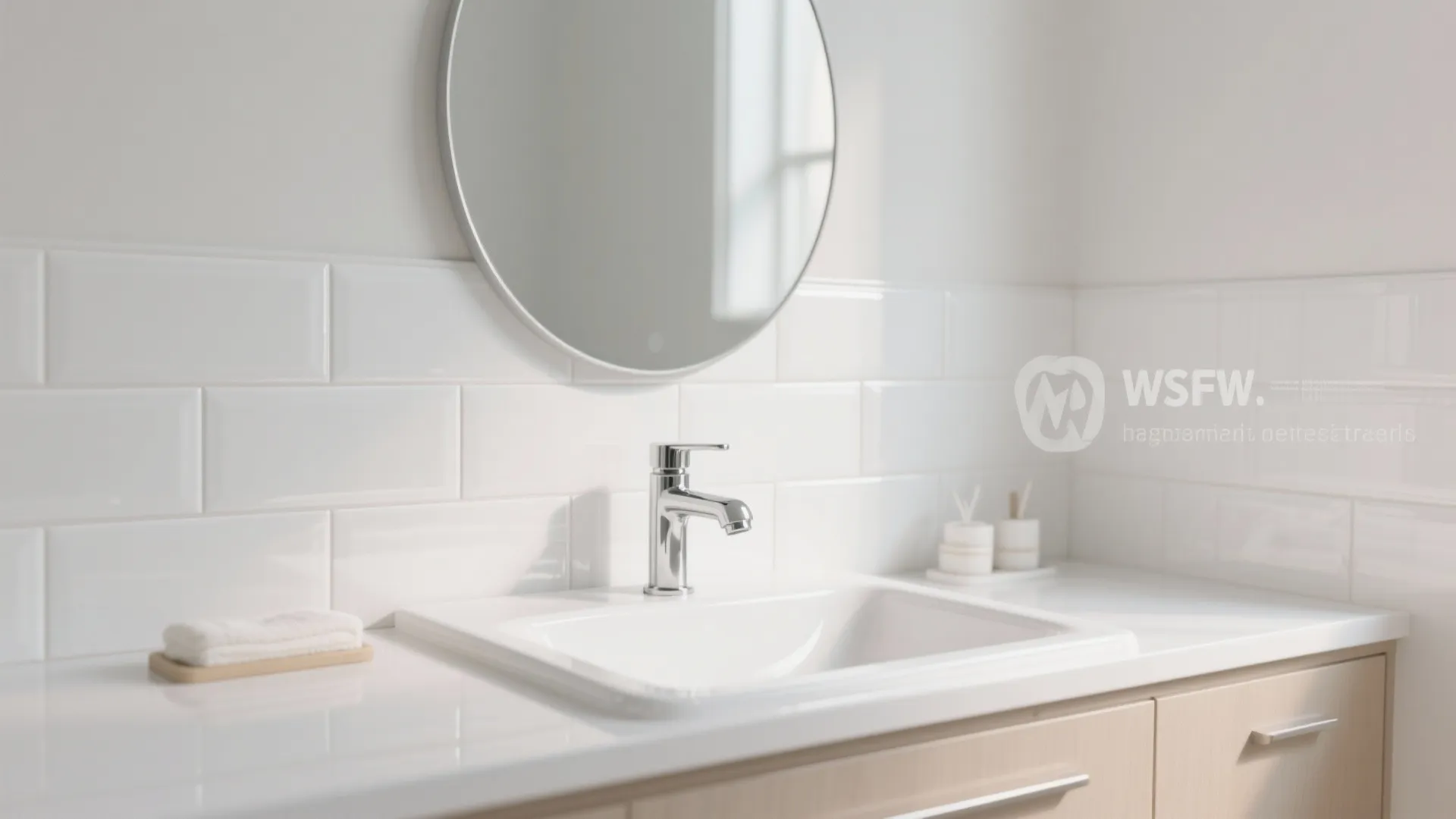 Modern white bathroom sink area with subway tile backsplash and a round mirror above faucet